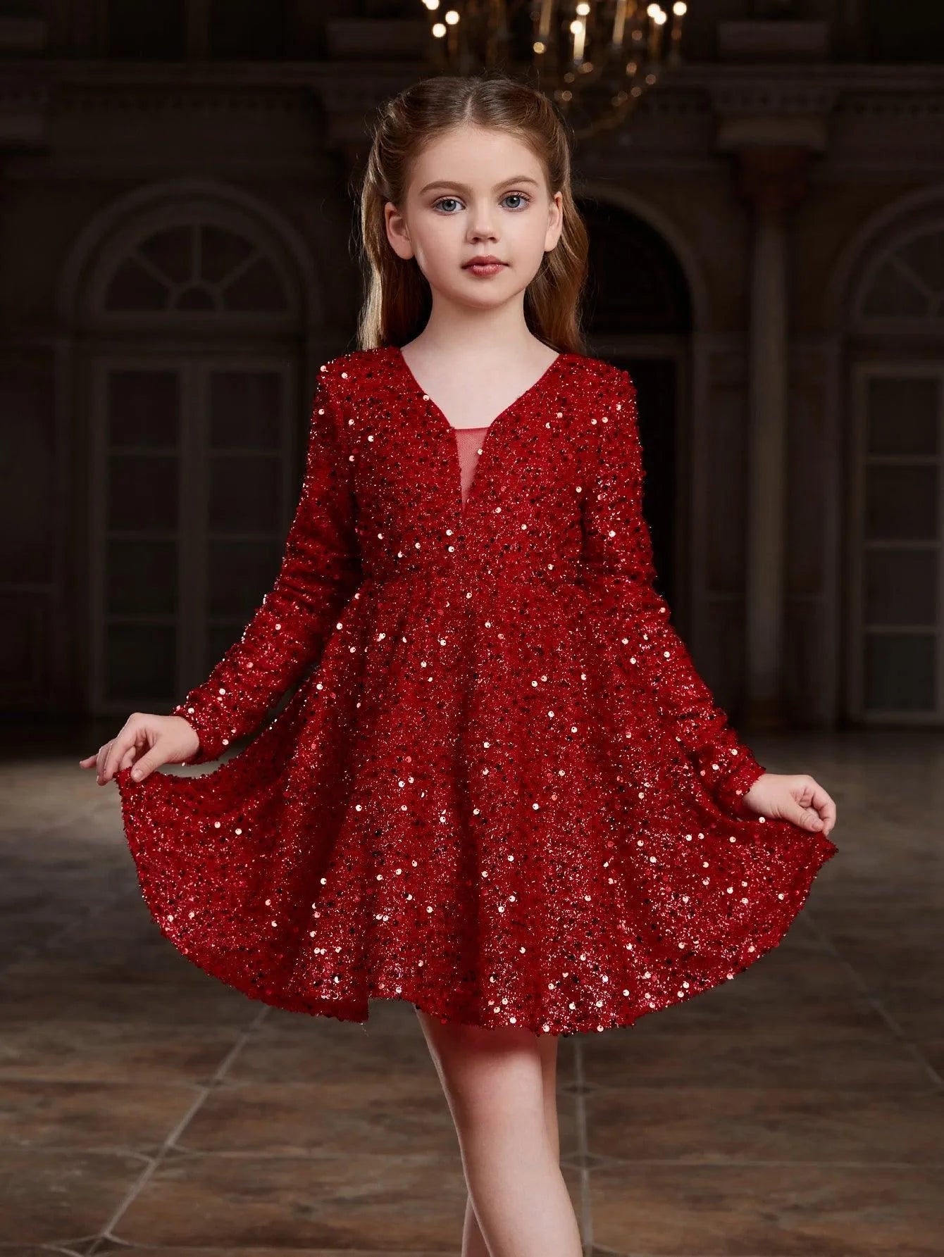 Tween Girls' V Neck Backless Sequin Party Dress