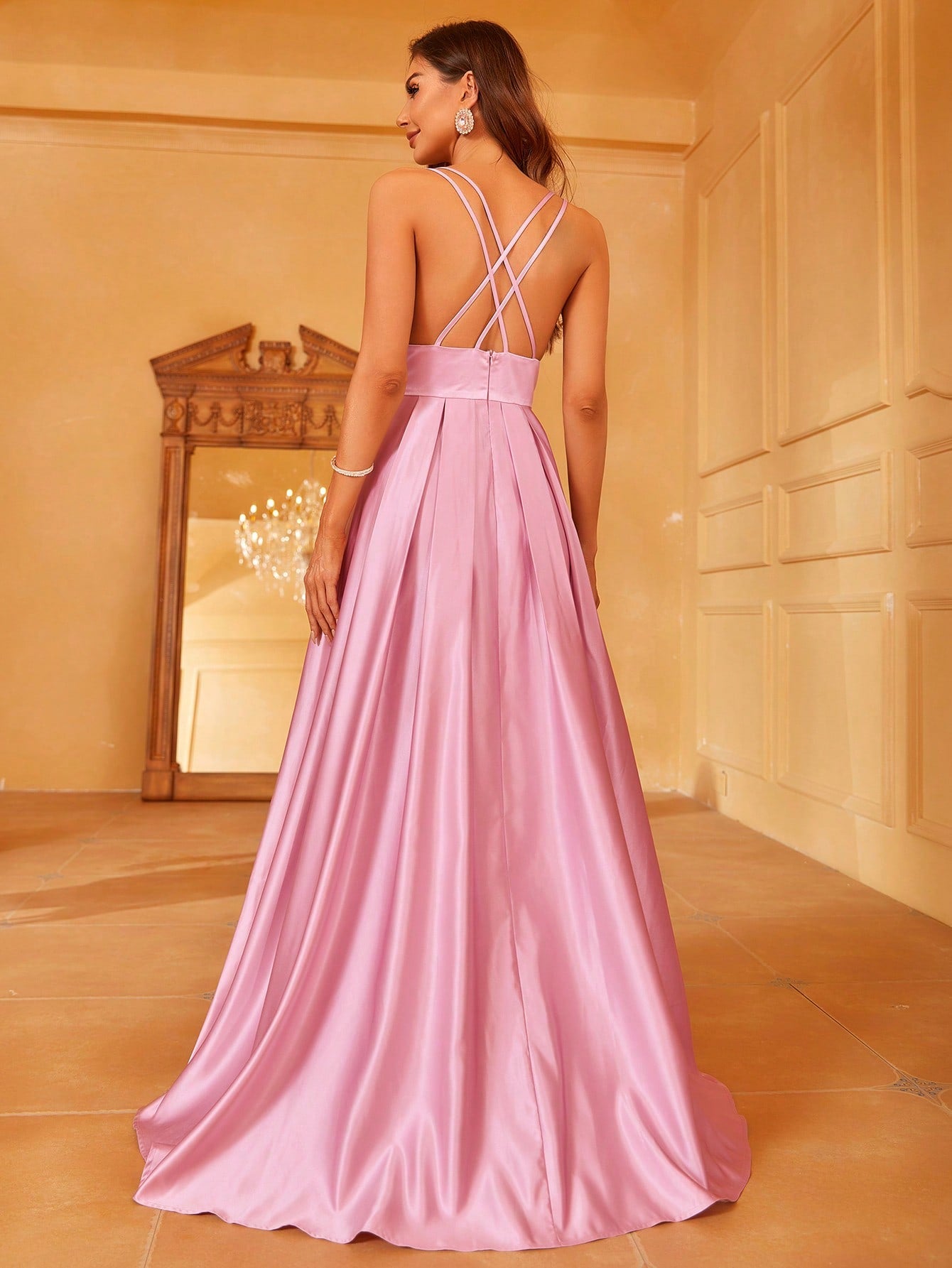 Plunging Neck Floor Length Satin Cami Dress