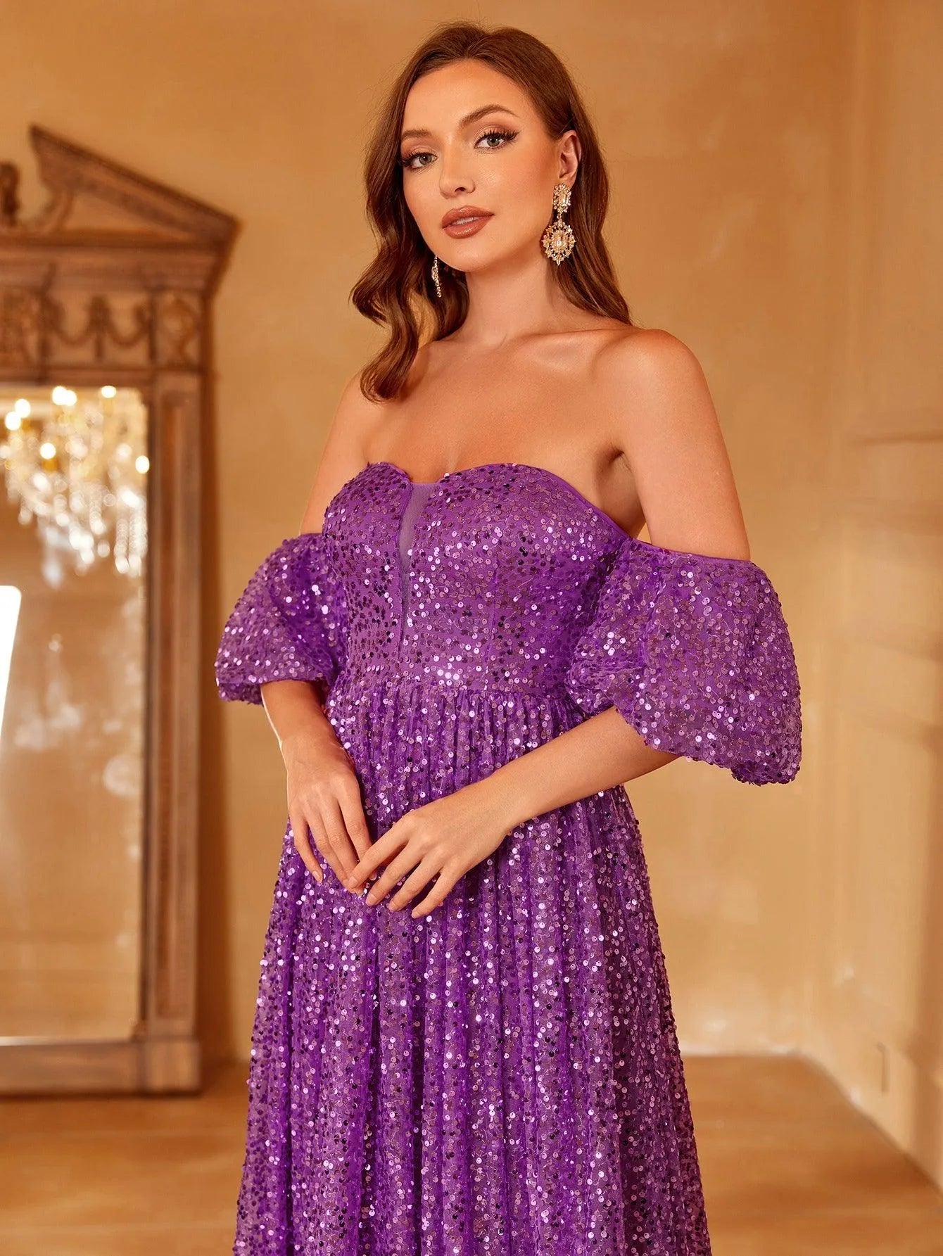 Off Shoulder Puff Sleeve Sequin A Line Dresses