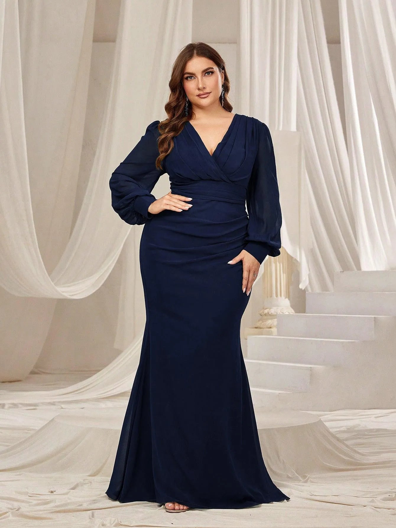 Plus Surplice Neck Lantern Sleeves Chiffon Formal Mermaid Dress