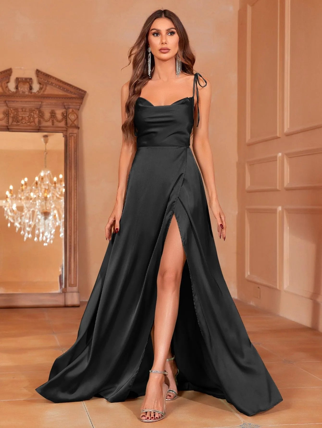 Elegant Tie Shoulder Satin Bridesmaid Dress