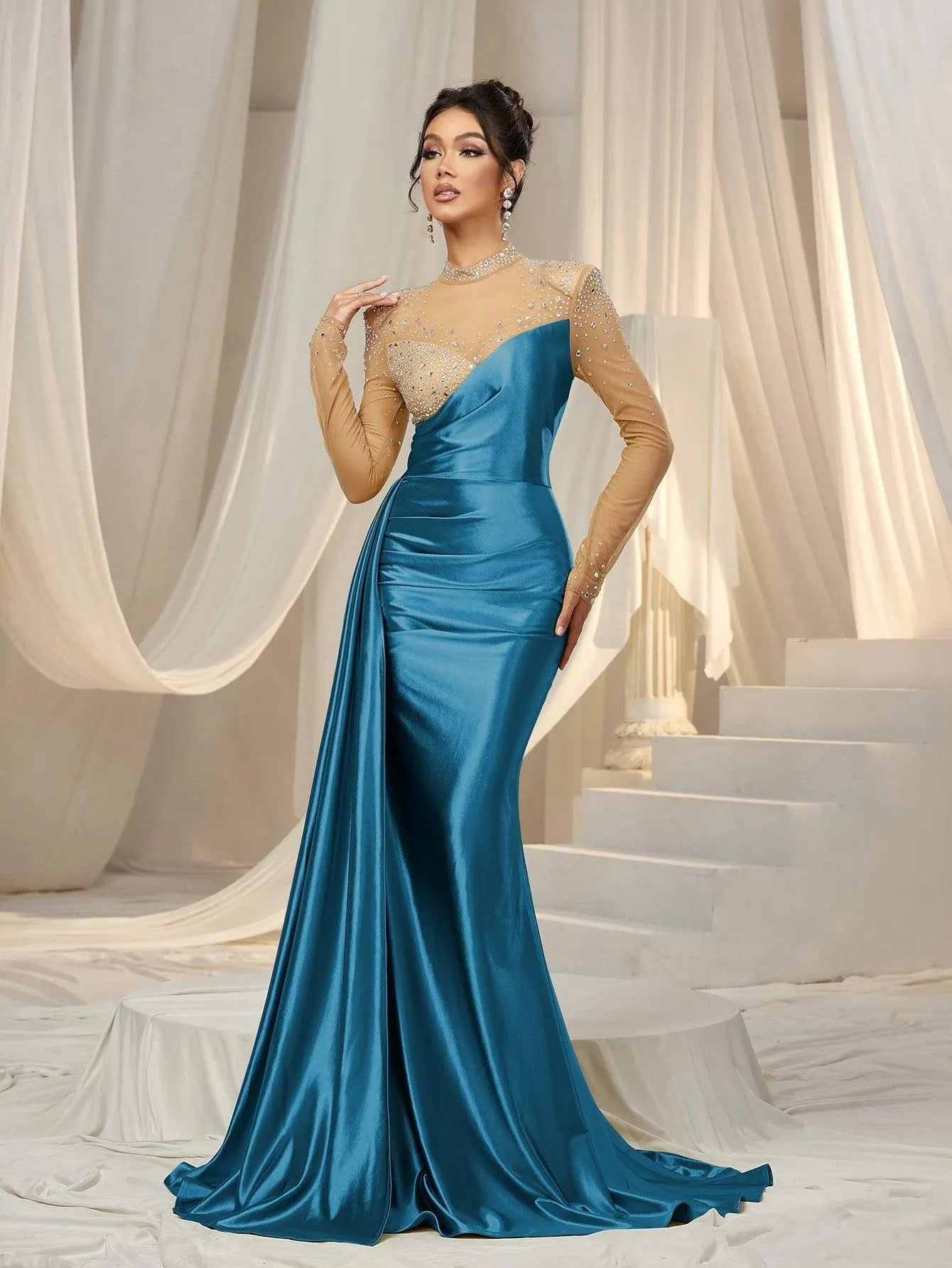 Rhinestone Detail Mock Neck Satin Mermaid Prom Dress