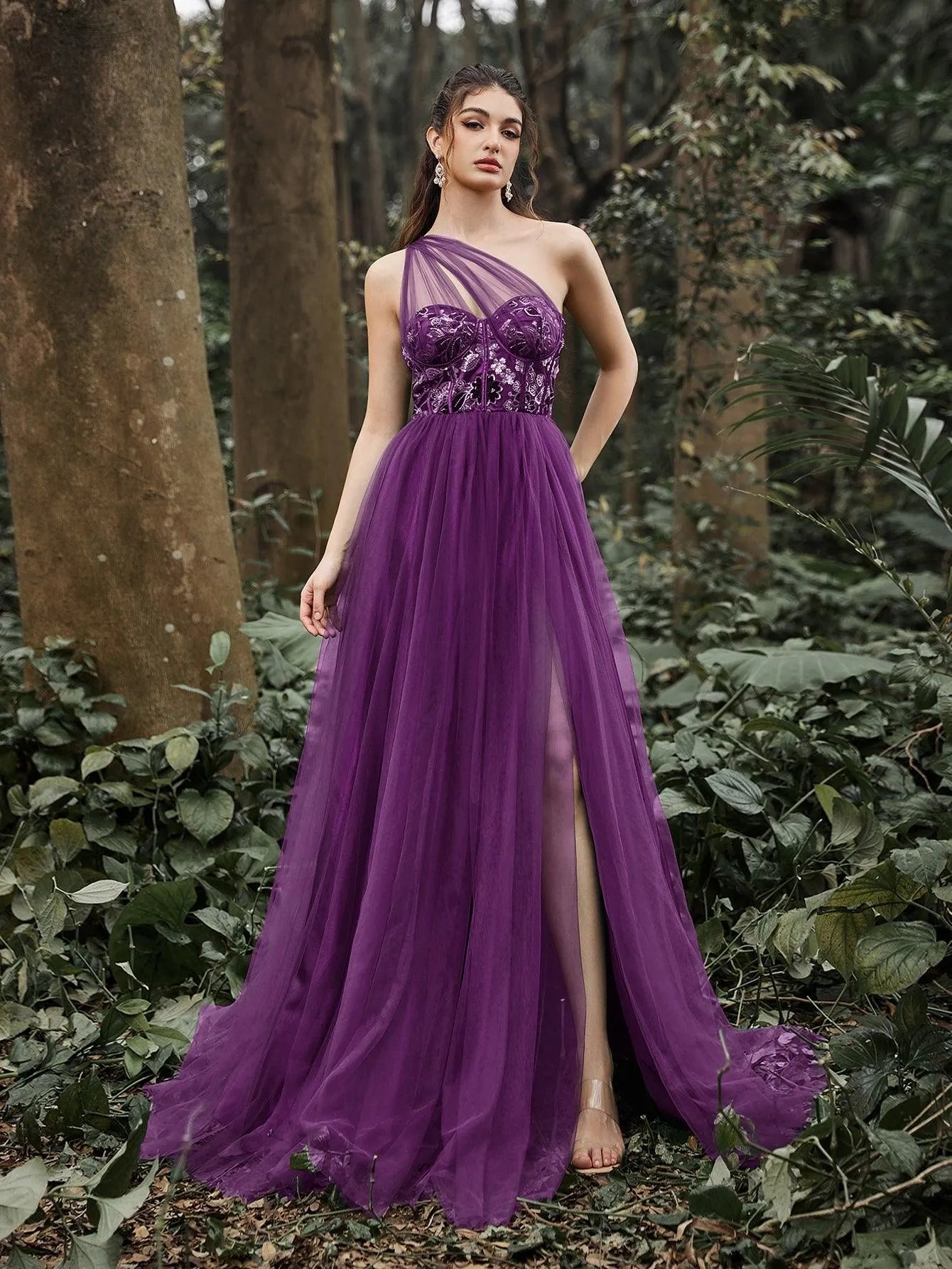 Luxury One Shoulder Tulle Overlay Floral Sequin Bodice Split Prom Dress