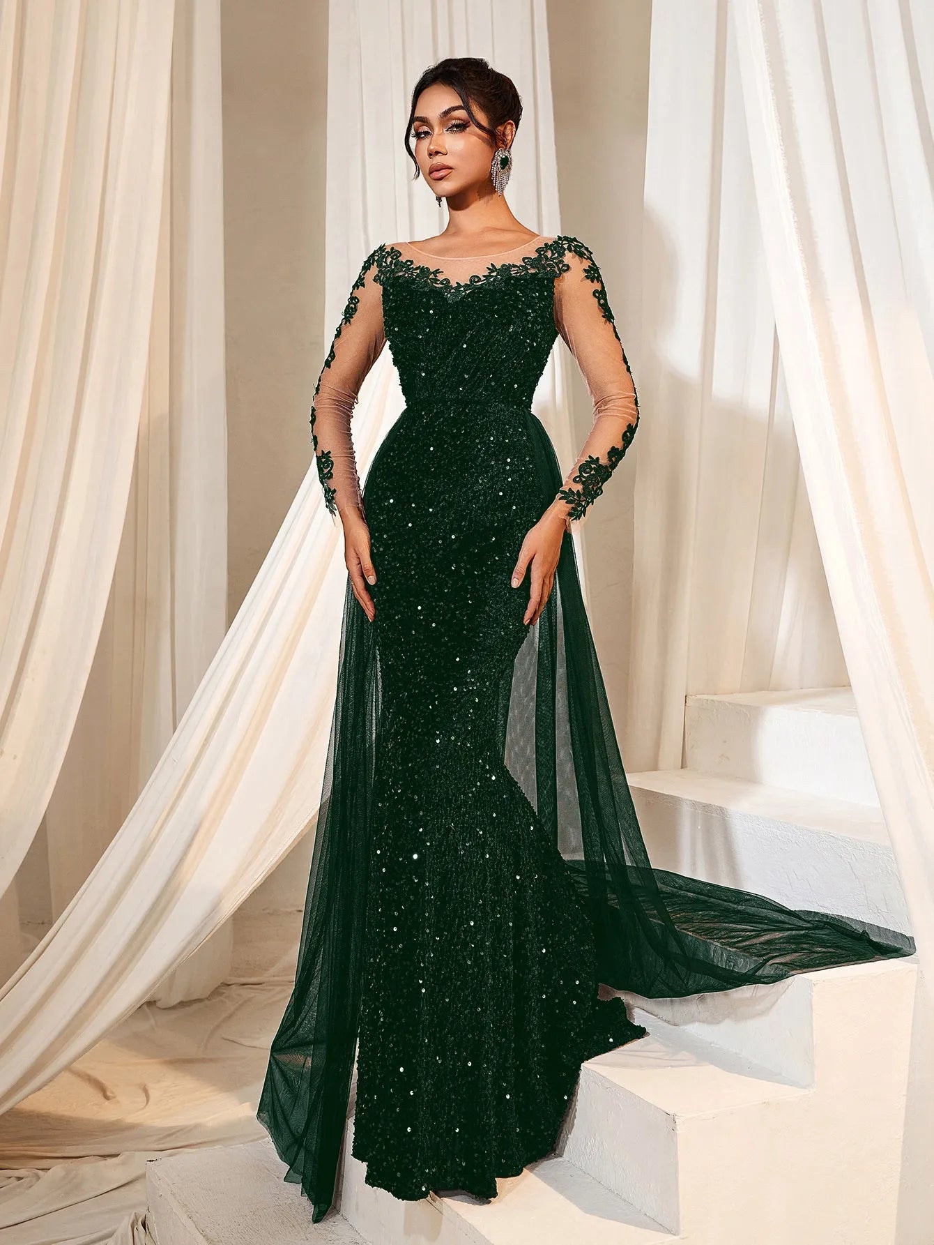 Elegant Sheer Sleeves Mesh Train Sequin Evening Dress