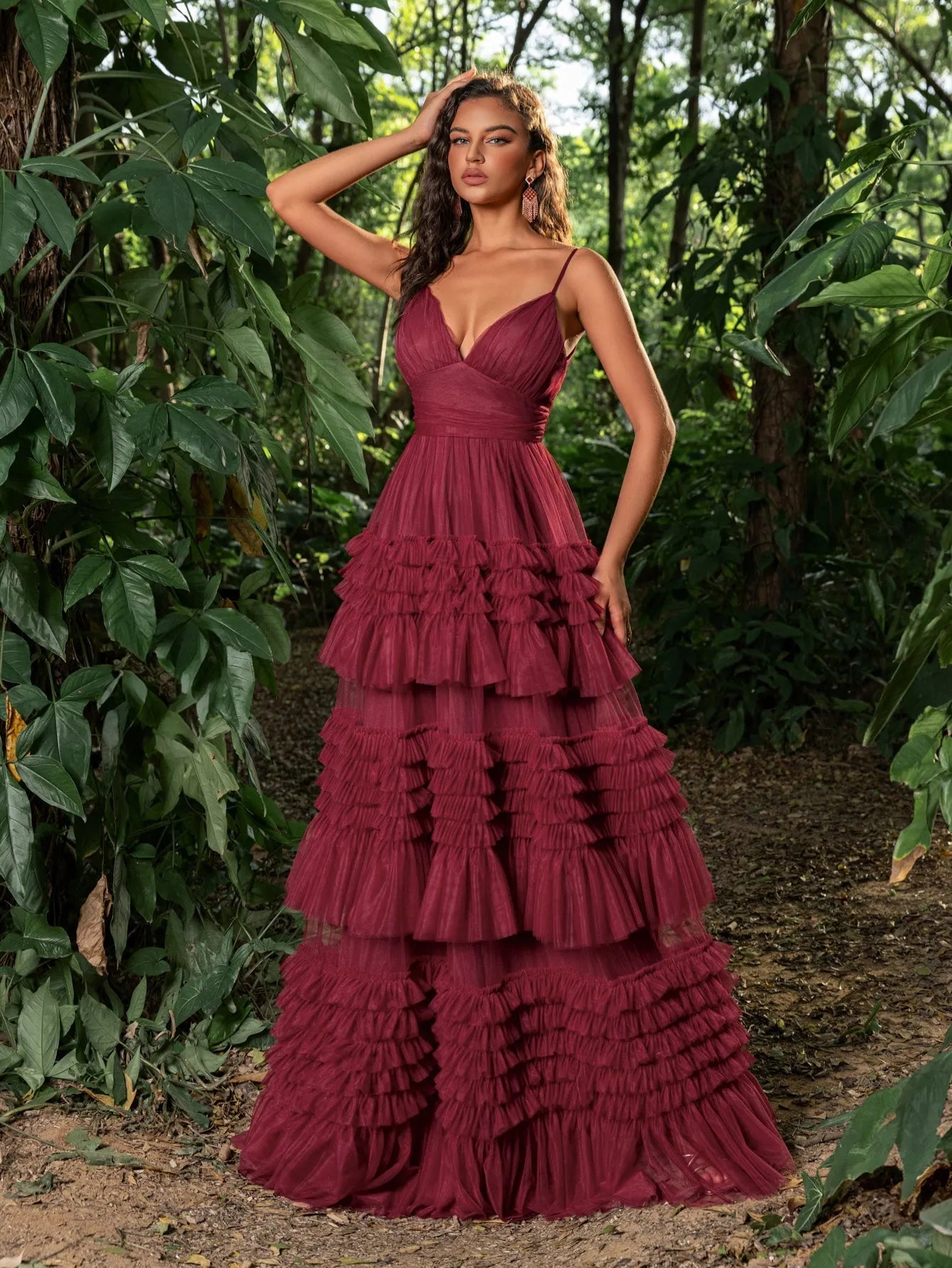 Gorgeous Plunging Neck Tiered Tulle Slip Prom Dress