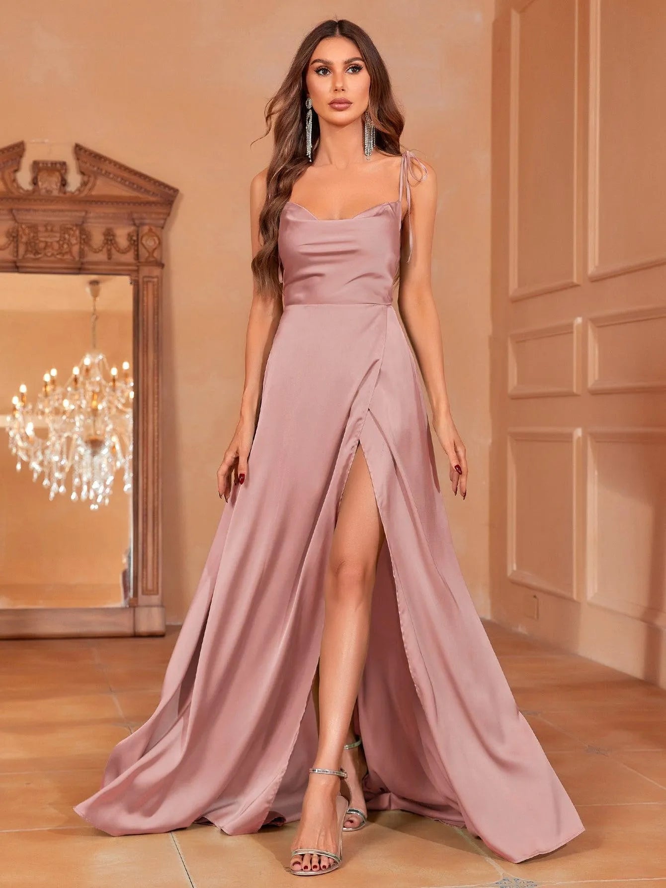 Elegant Tie Shoulder Satin Bridesmaid Dress