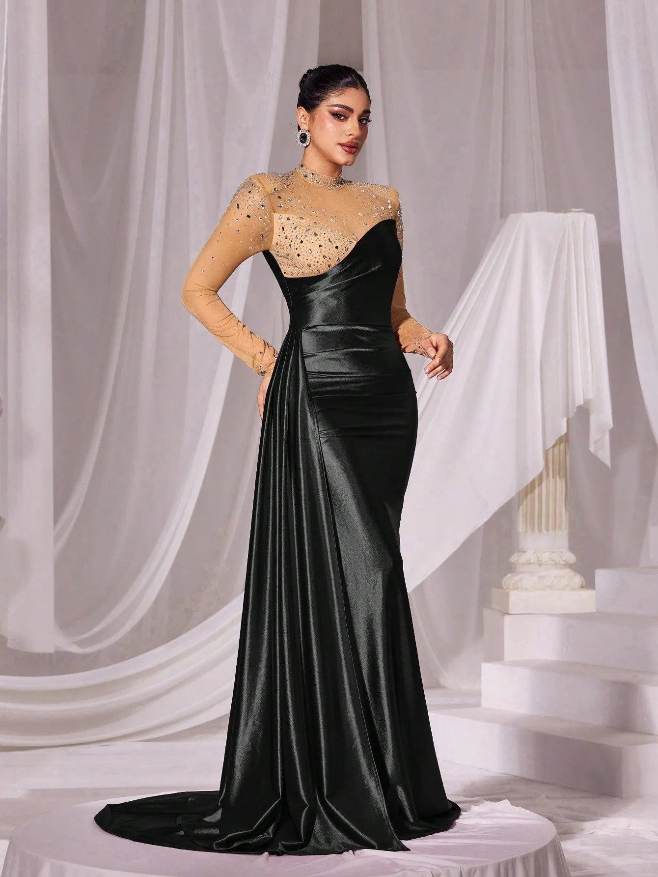 Rhinestone Detail Mock Neck Satin Mermaid Prom Dress