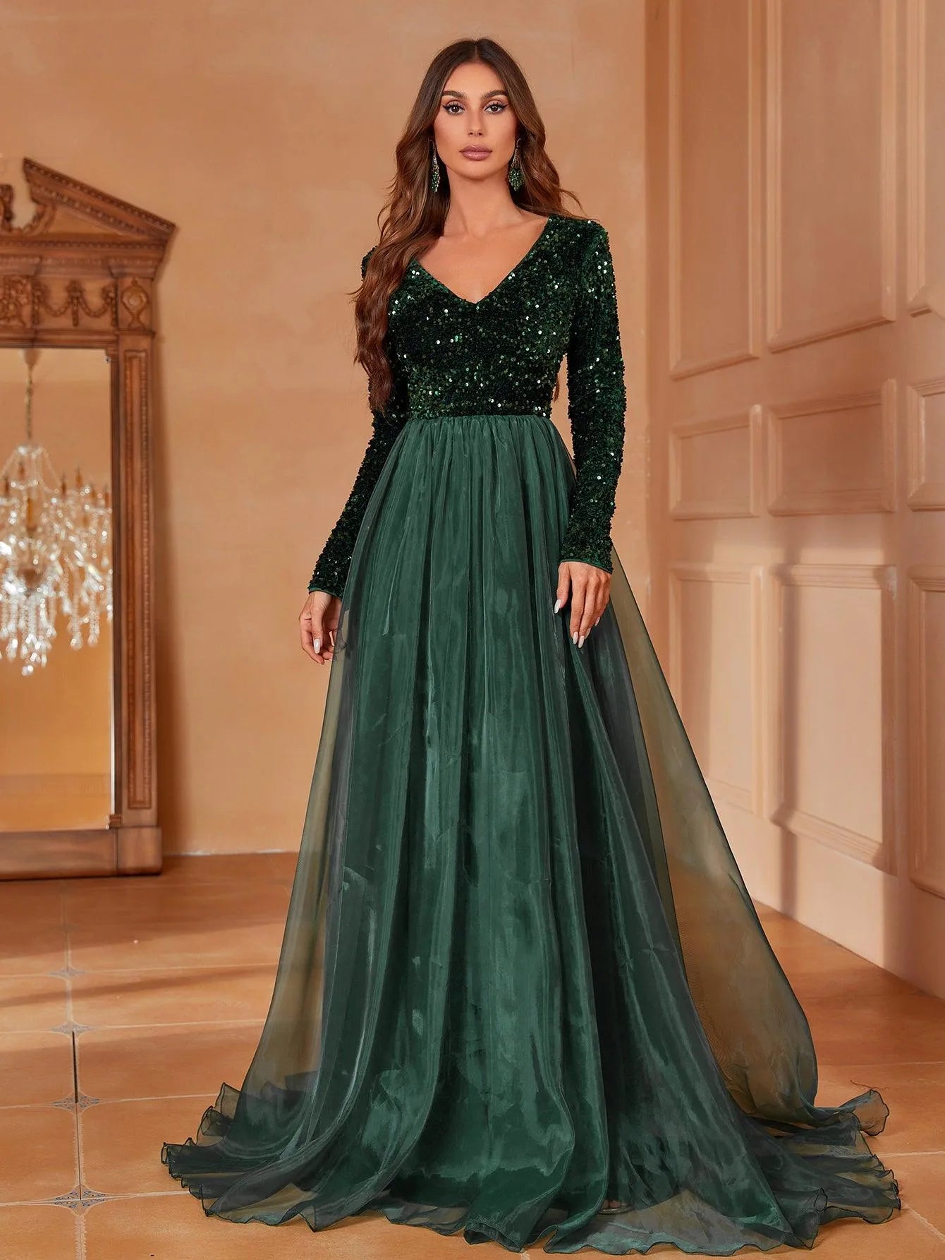 Classic Long-Sleeved V-Neck Formal Dress