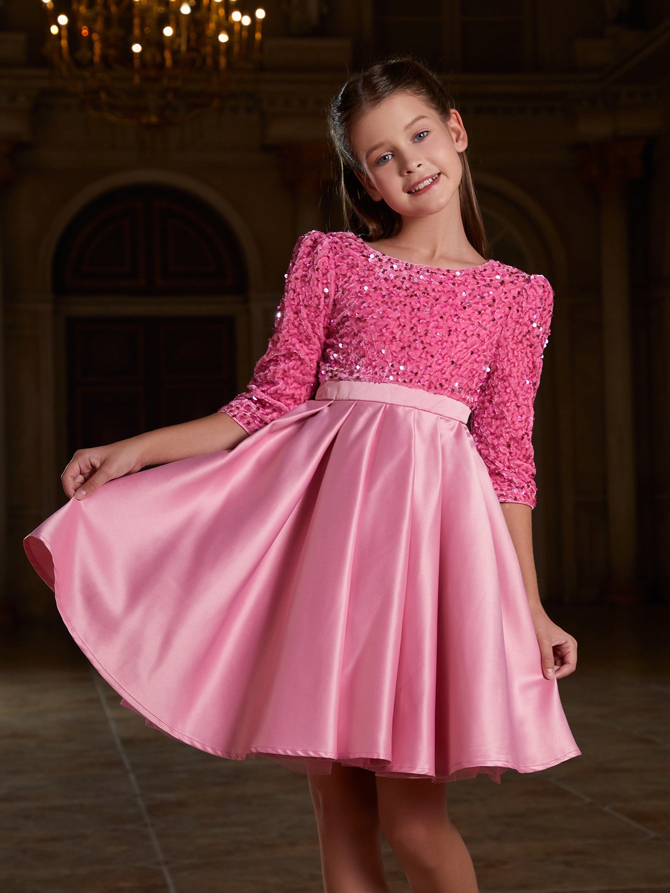 Girl's Sequin Contrast Pleated Satin Hem Dress