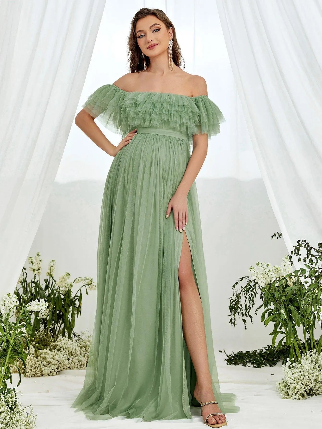 Maternity Off Shoulder Ruffle Trim Mesh Slit Dress