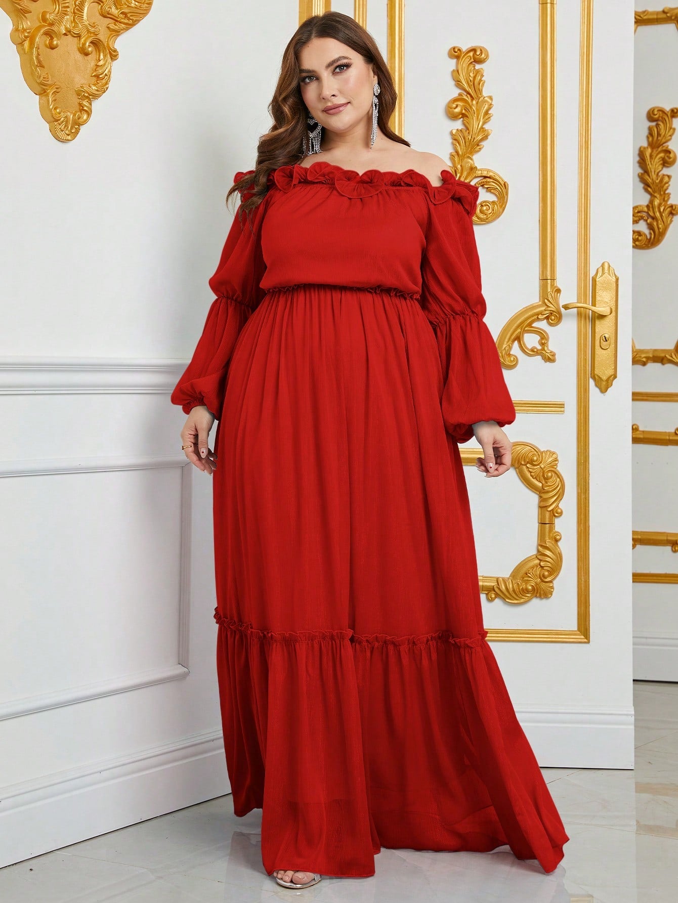 Plus Off Shoulder Ruffle Trim Chiffon A Line Dress