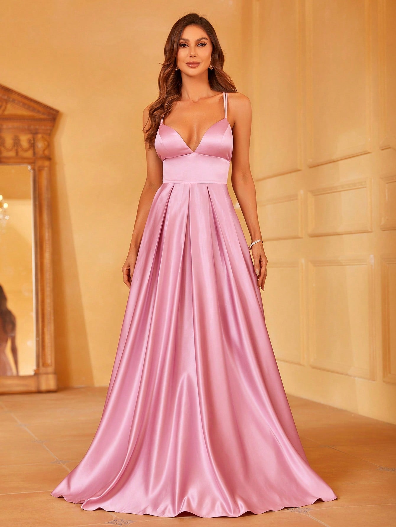 Plunging Neck Floor Length Satin Cami Dress