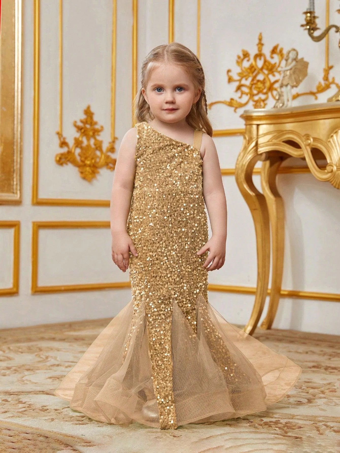 Young Girls' Mesh Insert Mermaid Hem Sequin Dress