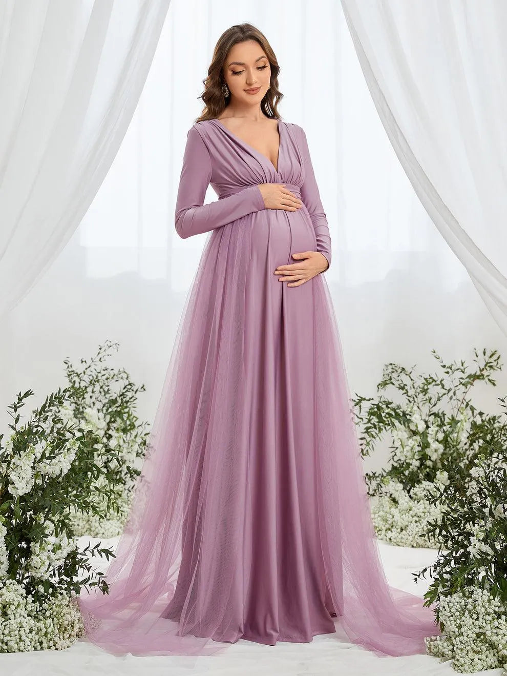 Maternity Plunging Neck Long Sleeve Contrast Mesh Formal Dress