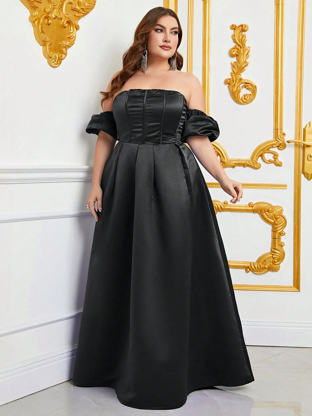 Plus Off Shoulder Puff Sleeves Ruched Bust Fold Pleated Satin Gown