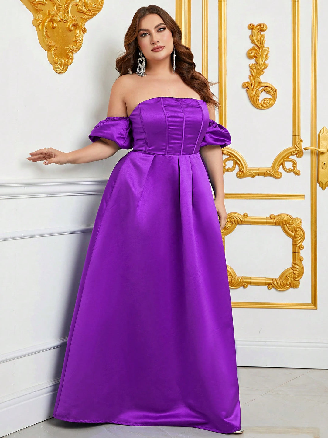 Plus Off Shoulder Puff Sleeves Ruched Bust Fold Pleated Satin Gown