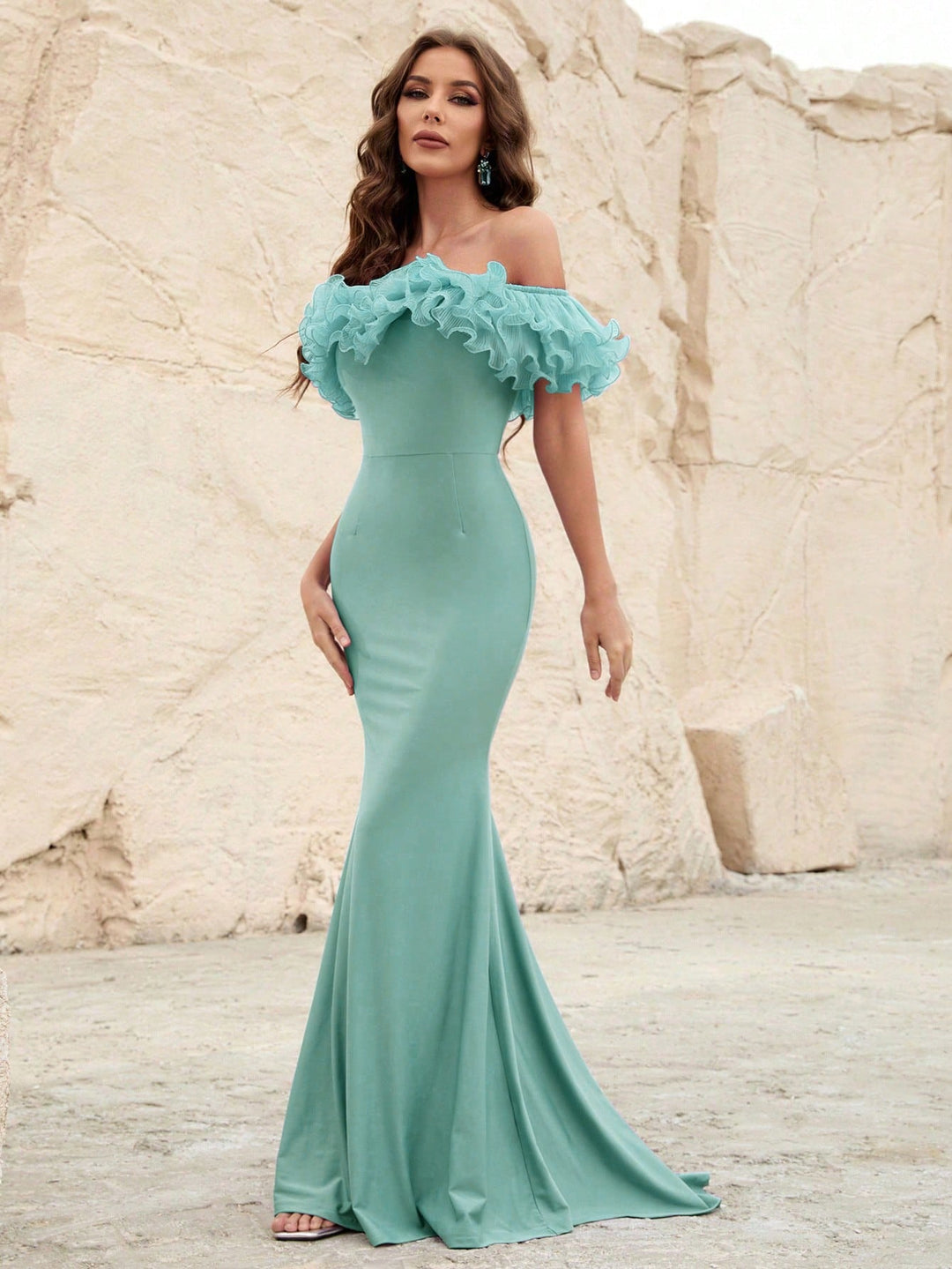 Off Shoulder Ruffle Trim Mermaid Dress