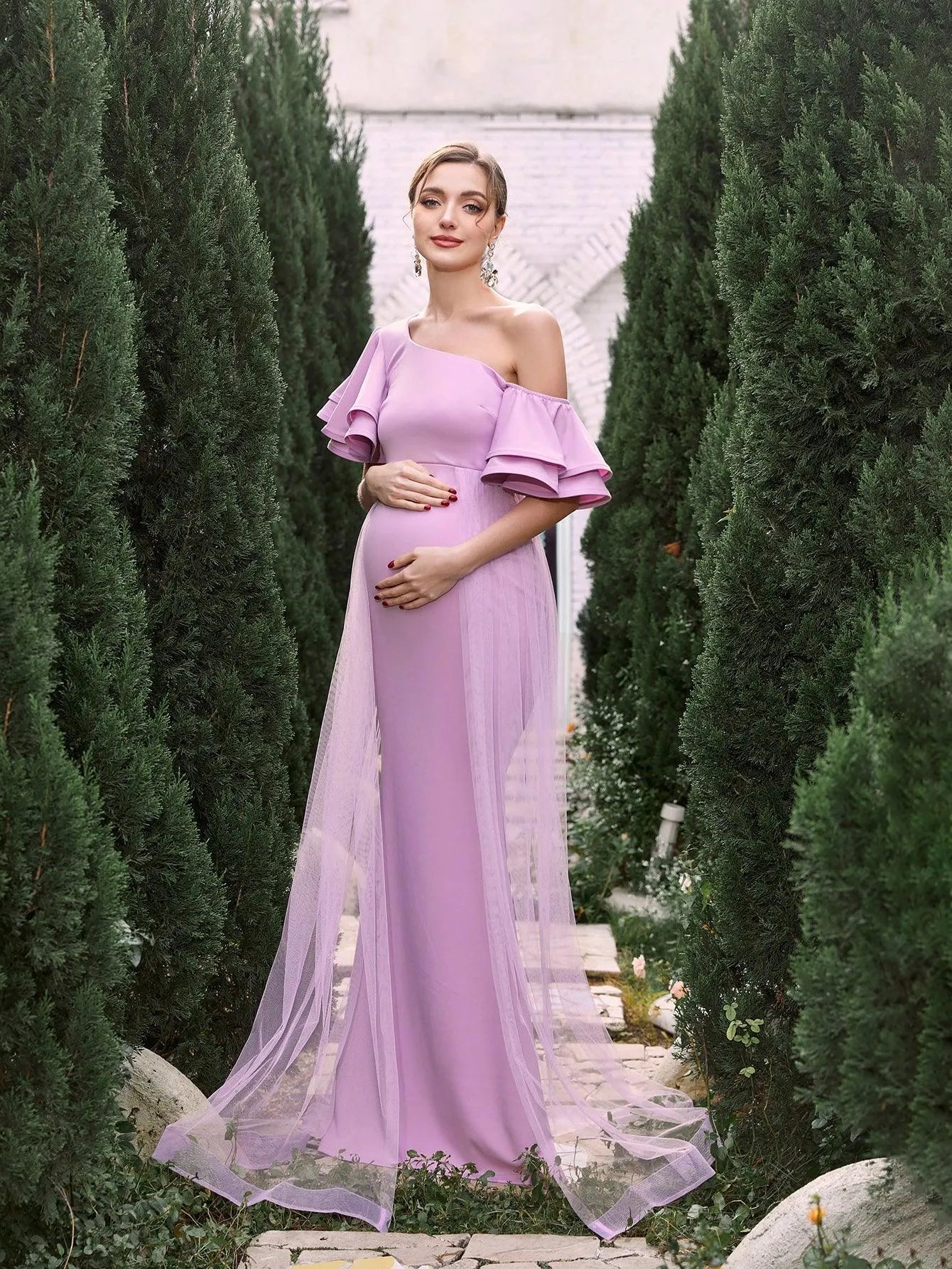 Maternity Asymmetrical Collar Ruffle Sleeves Mermaid Dress