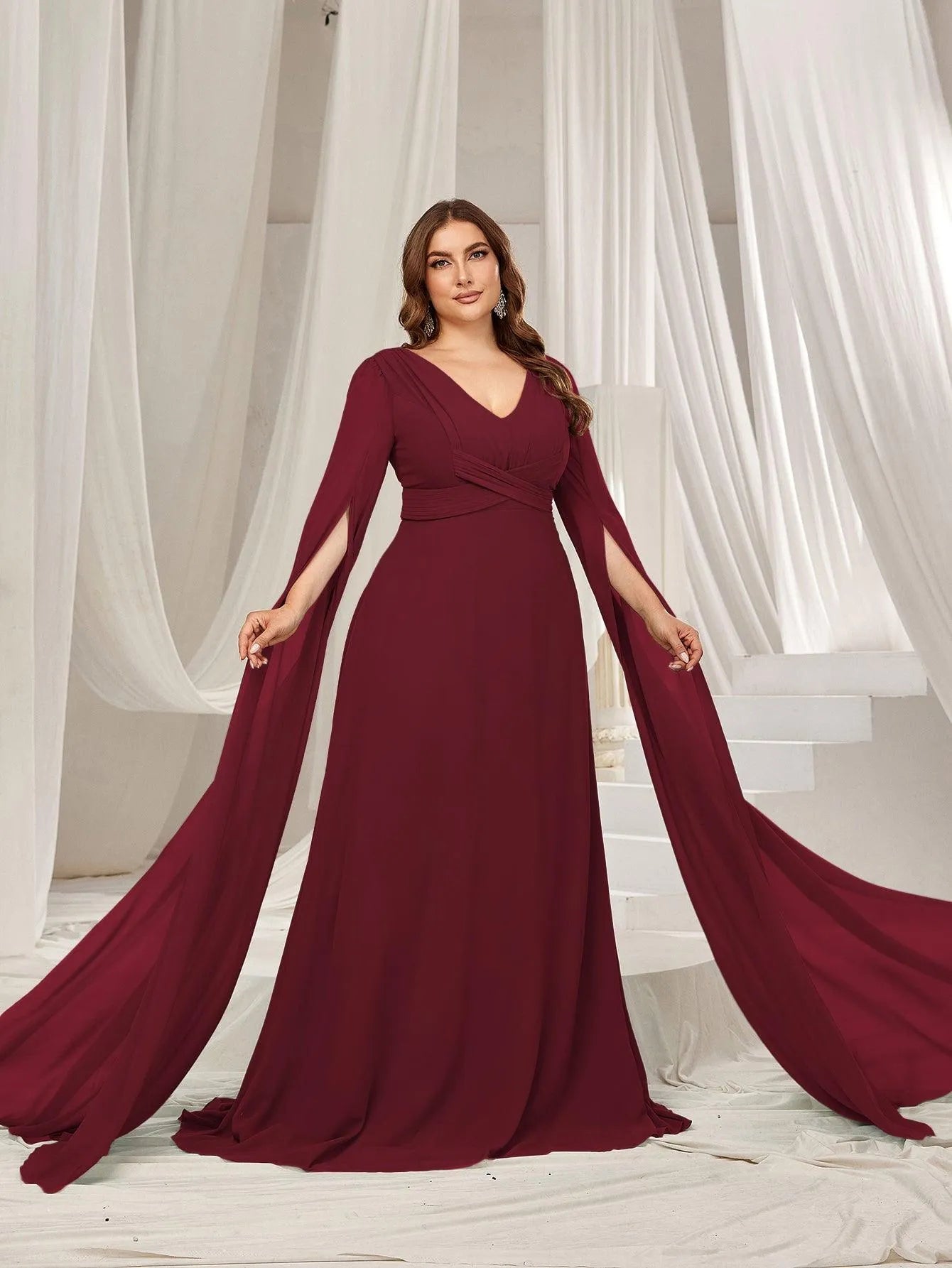 Plus Solid Ruched Front Extra-Long Sleeves Chiffon Prom Dress