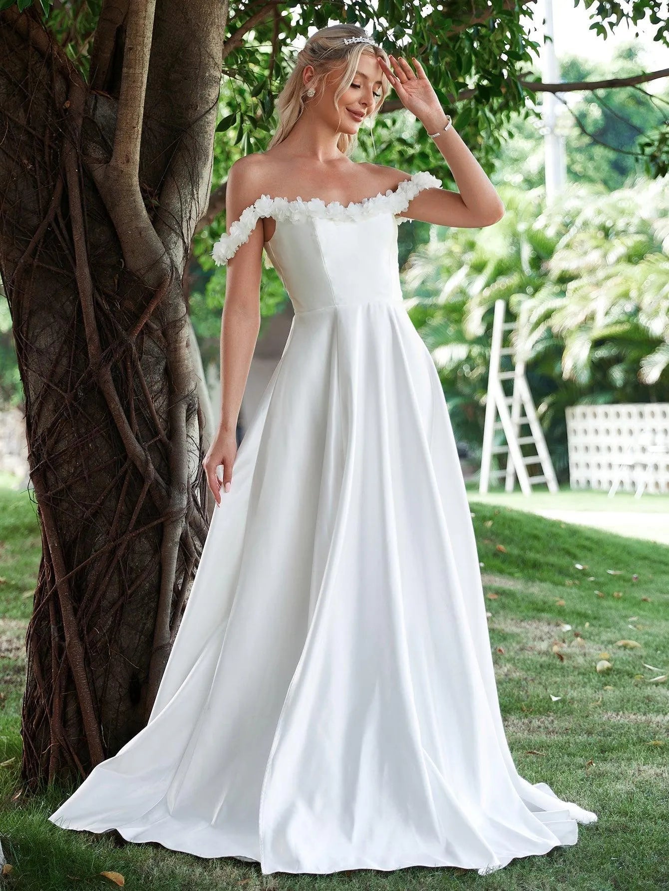 Off Shoulder Floral Applique Satin Wedding Dress