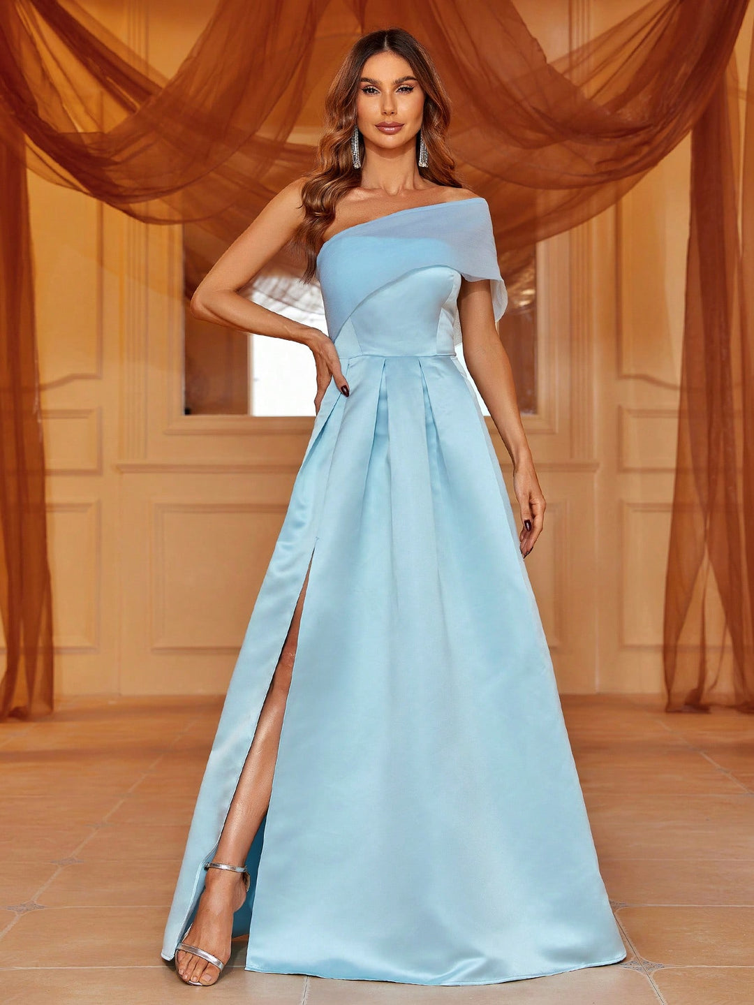 One Shoulder Sleeveless Satin Slit A Line Dresses