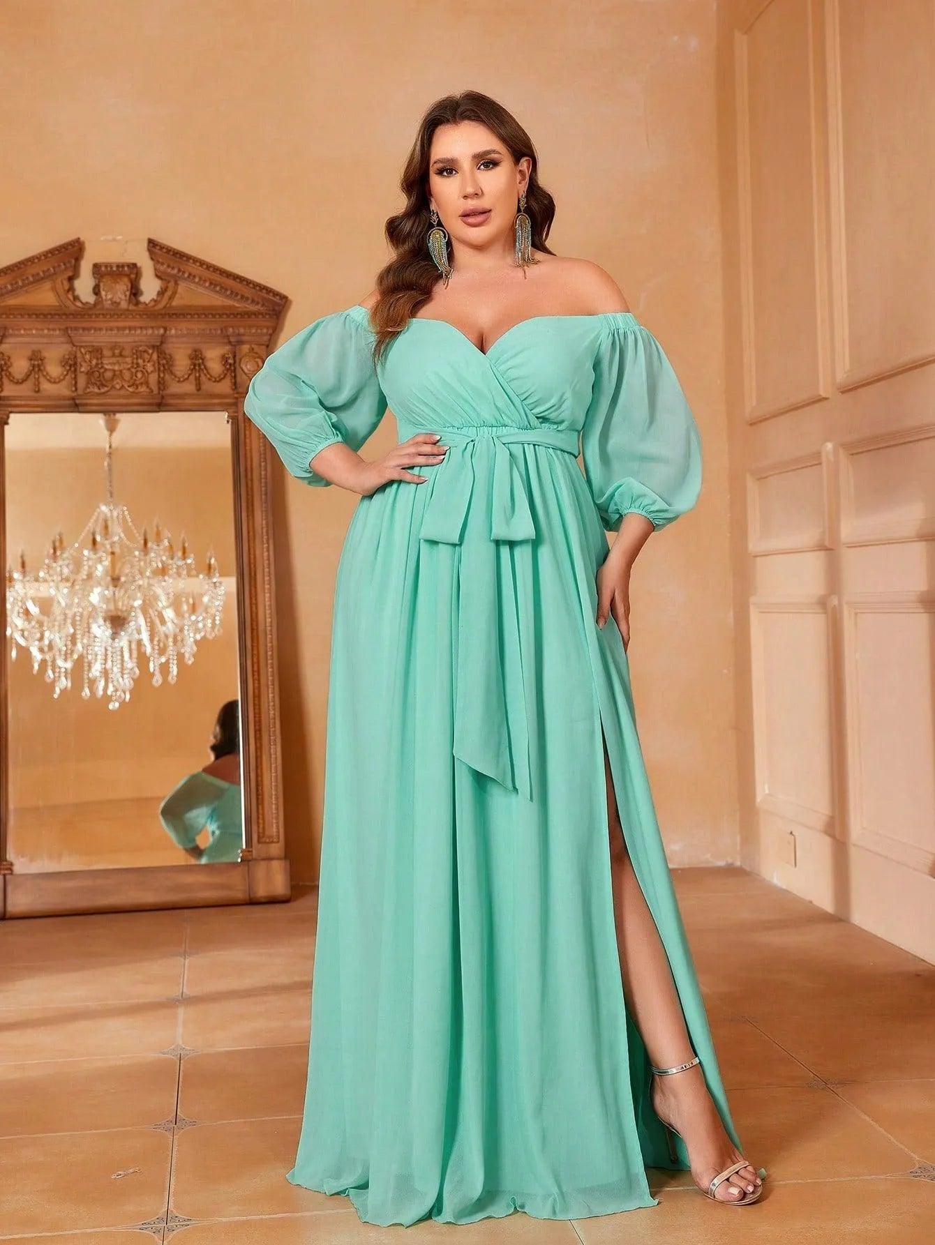 Plus Off Shoulder Split Thigh Belted Chiffon A Line Dress