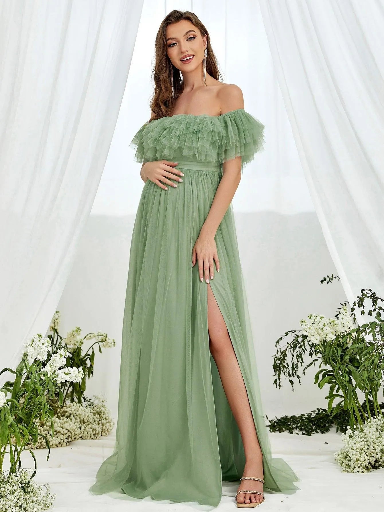 Maternity Off Shoulder Ruffle Trim Mesh Slit Dress