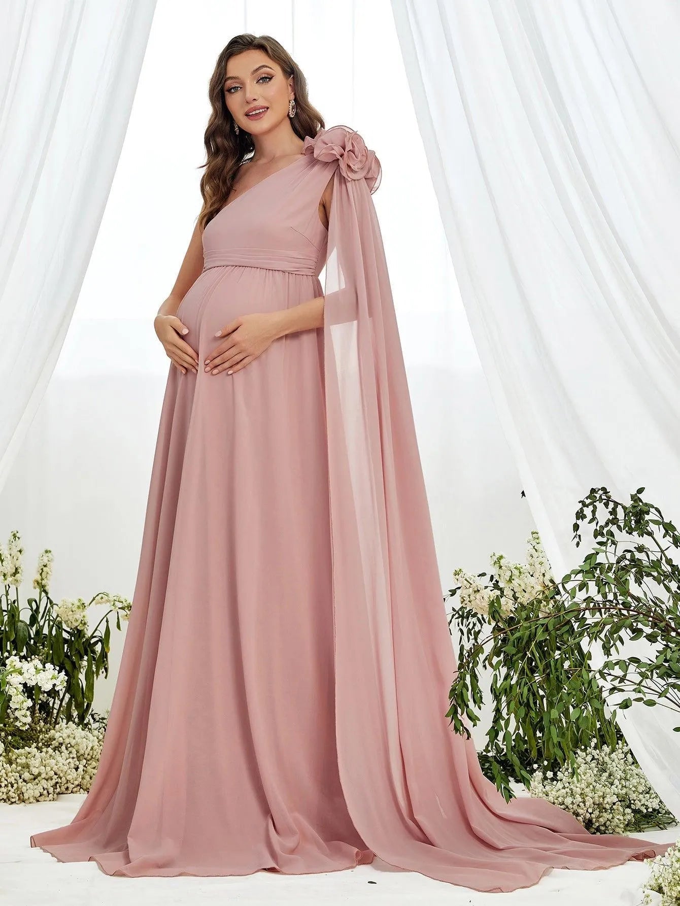 Maternity Stereo Flower Decor One Shoulder Chiffon Dress