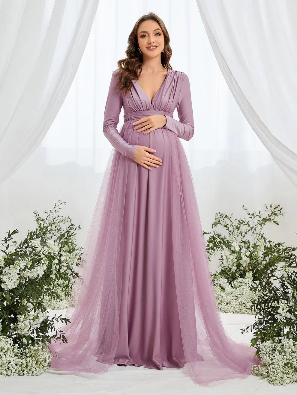 Maternity Plunging Neck Long Sleeve Contrast Mesh Formal Dress