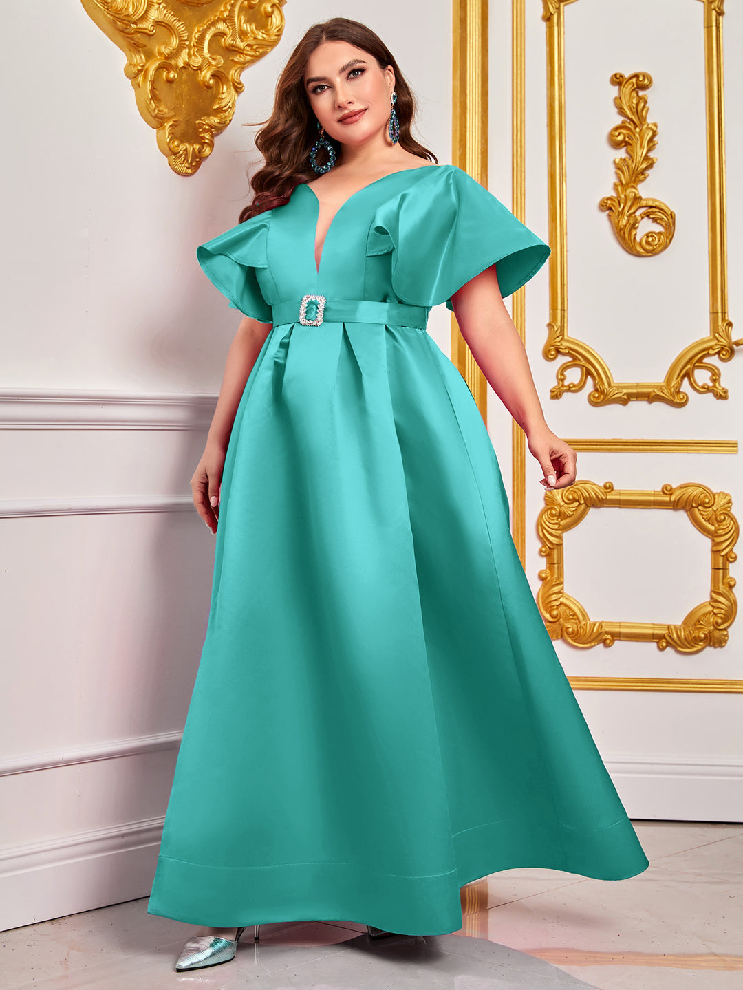 Plus Elegant V-Neck Ruffle Short Sleeves Wide Waist Belt Prom Gown