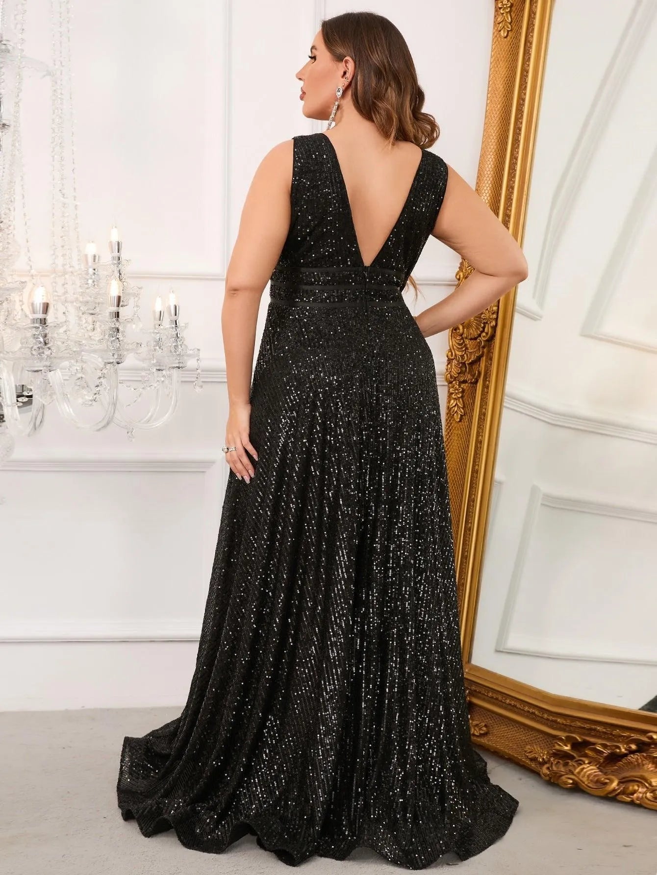 Plus Plunging Neck Sequin Floor Length Dress