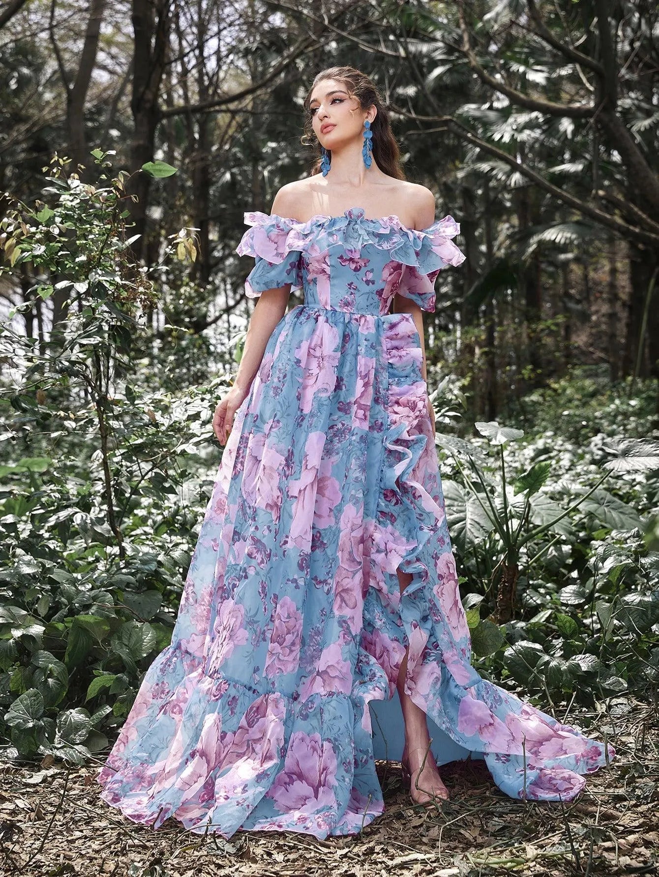 Elegant Ruffle Trim Off Shoulder Floral Organza Prom Dress