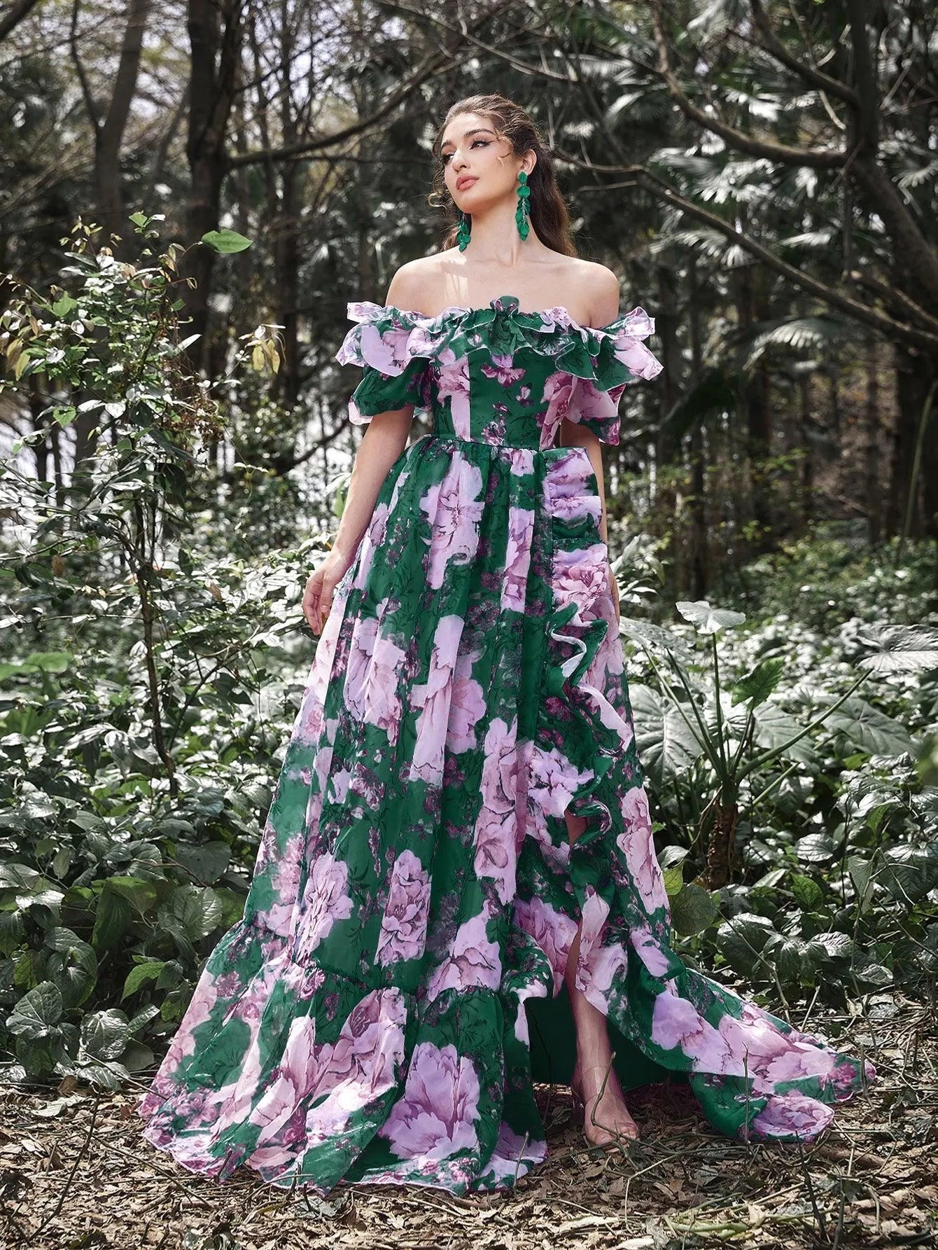 Elegant Ruffle Trim Off Shoulder Floral Organza Prom Dress