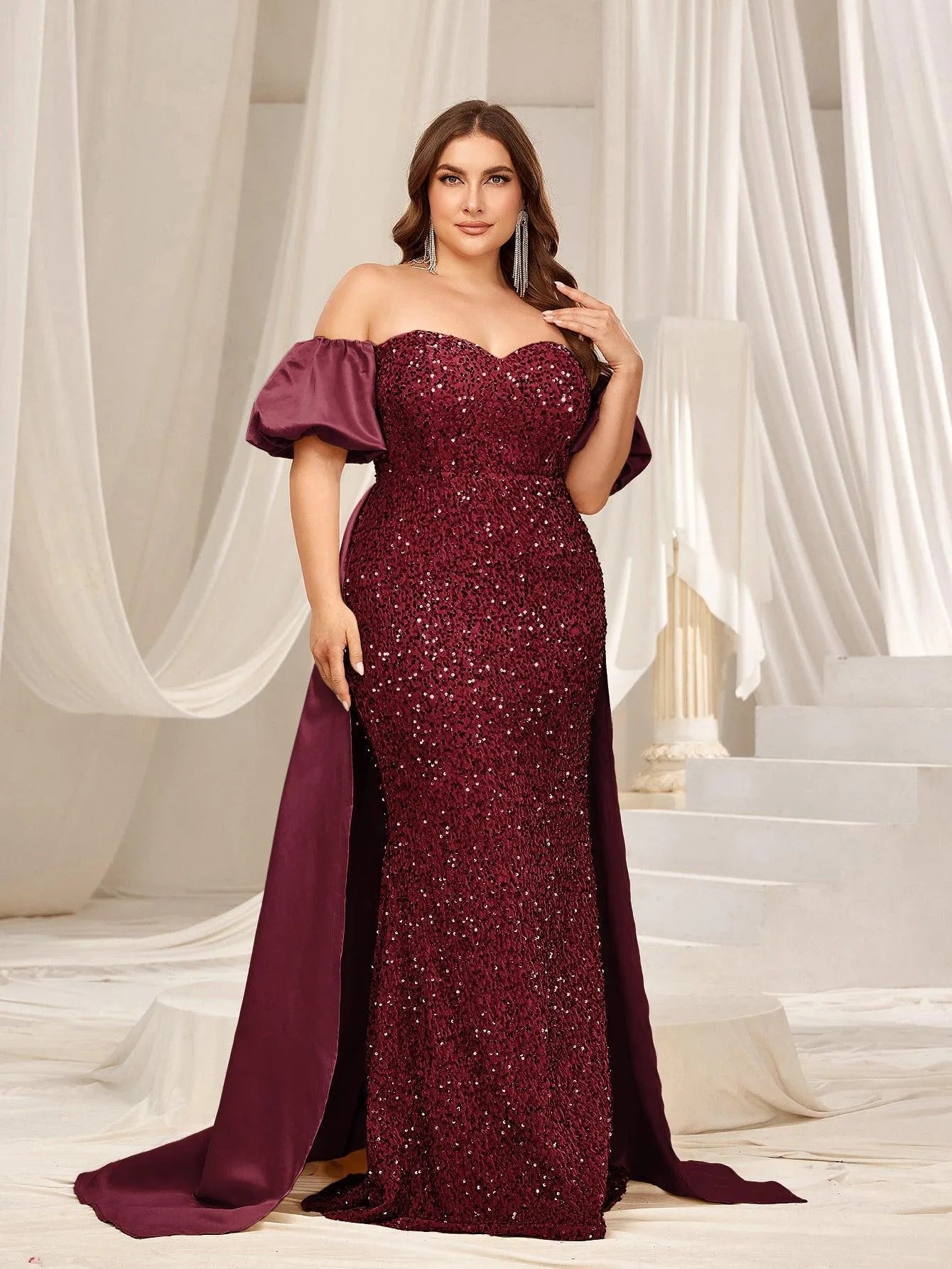 Plus Off Shoulder Puff Sleeves Satin Sequin Mermaid Dress