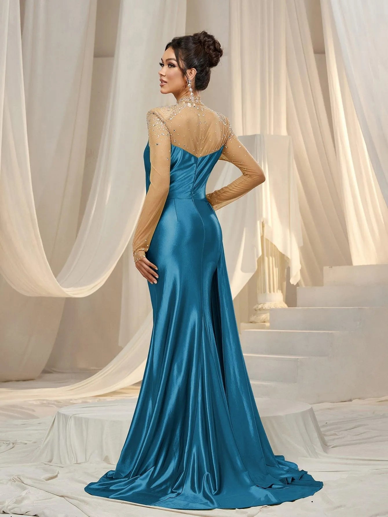 Rhinestone Detail Mock Neck Satin Mermaid Prom Dress