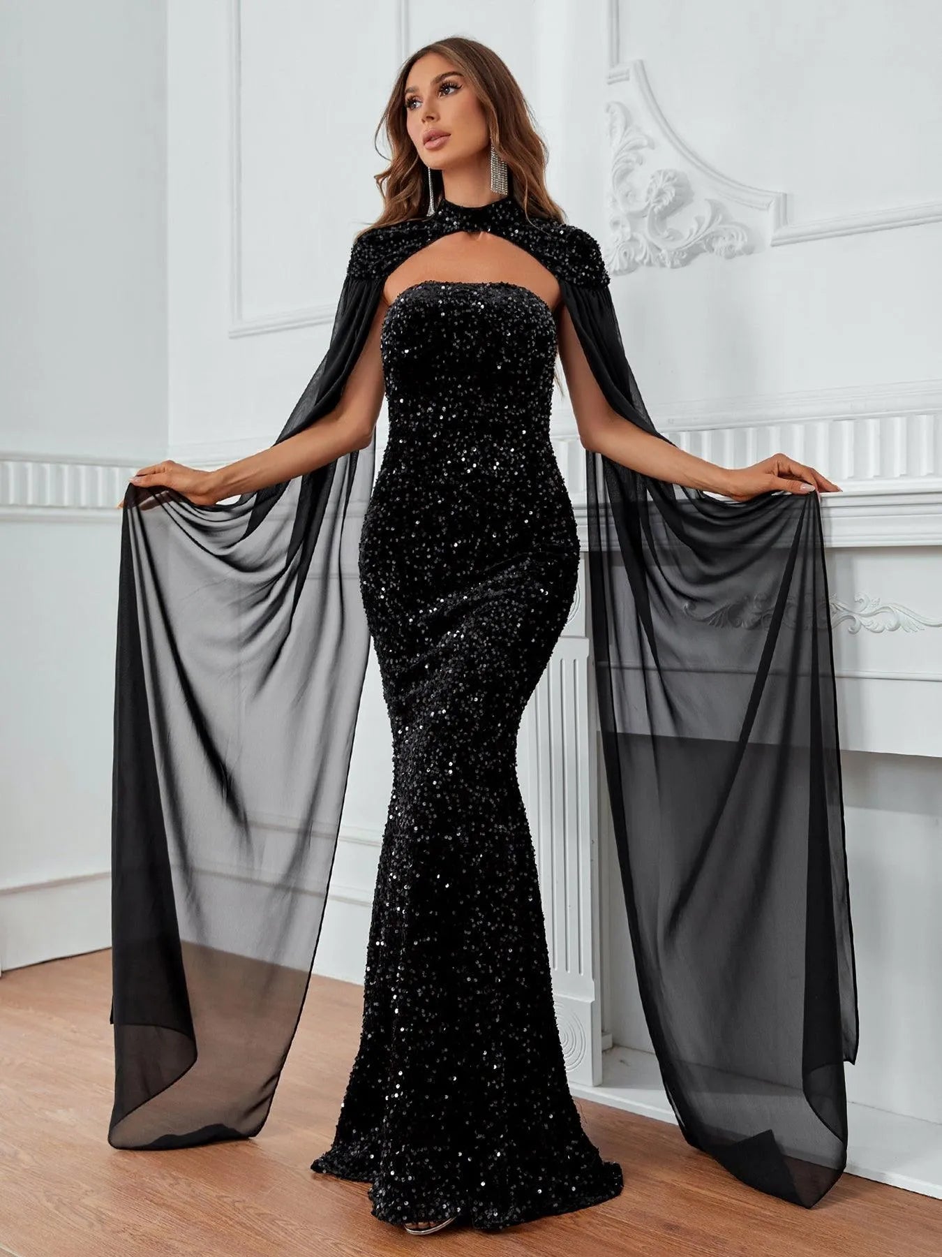 Black Chiffon Cloak Sleeves Sequin Tube Dress