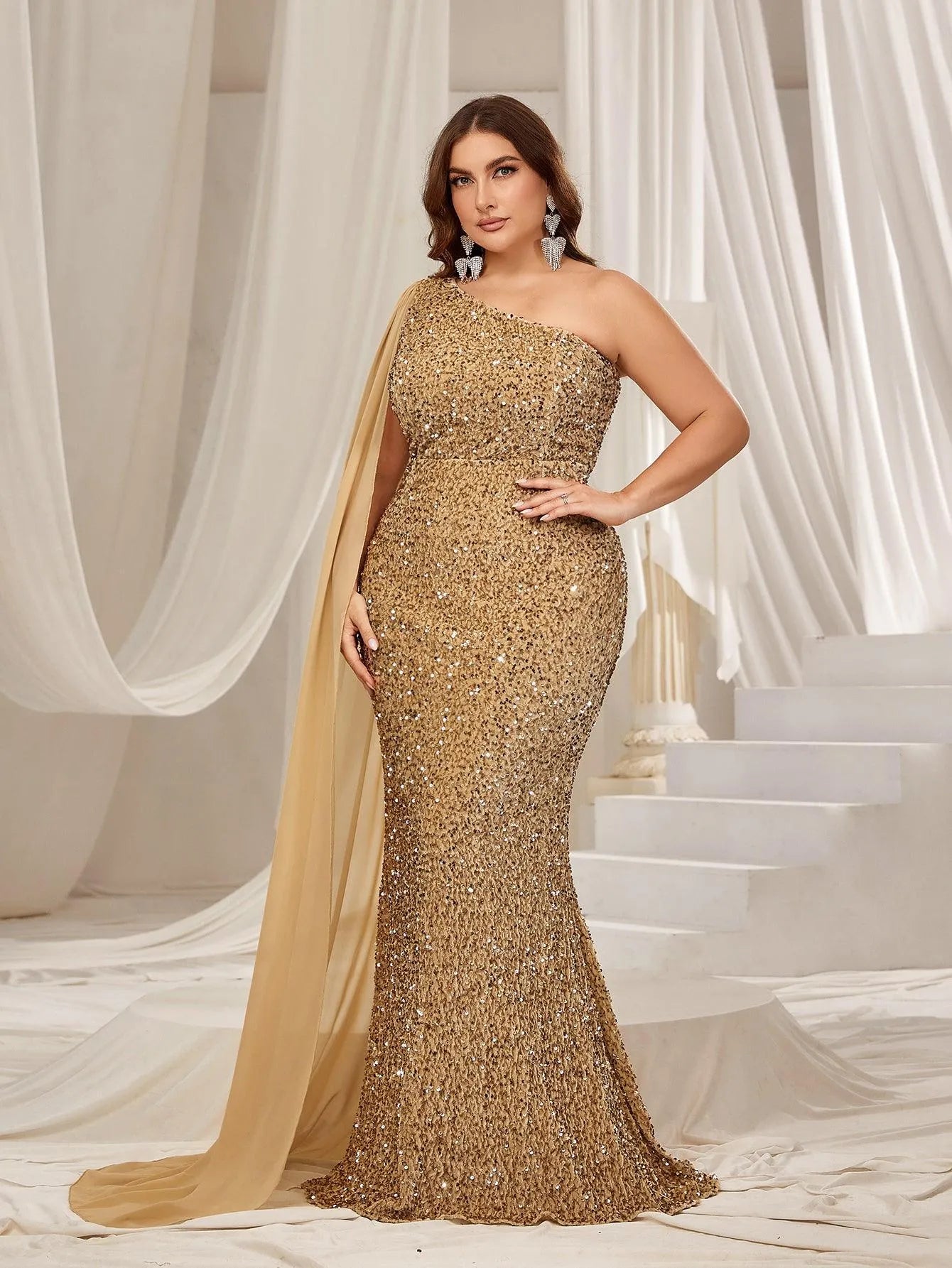 Plus One Shoulder Draped Side Sequin Mermaid Dress