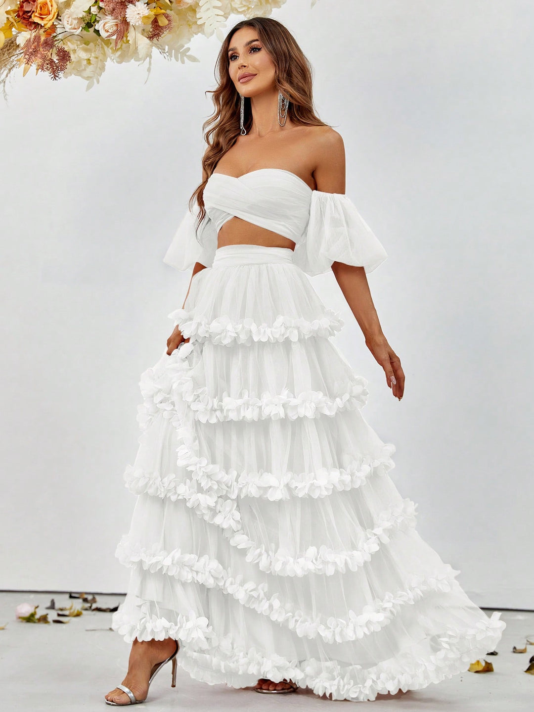 Off Shoulder Puff Sleeve Crop Top & Frill Trim Mesh Skirt