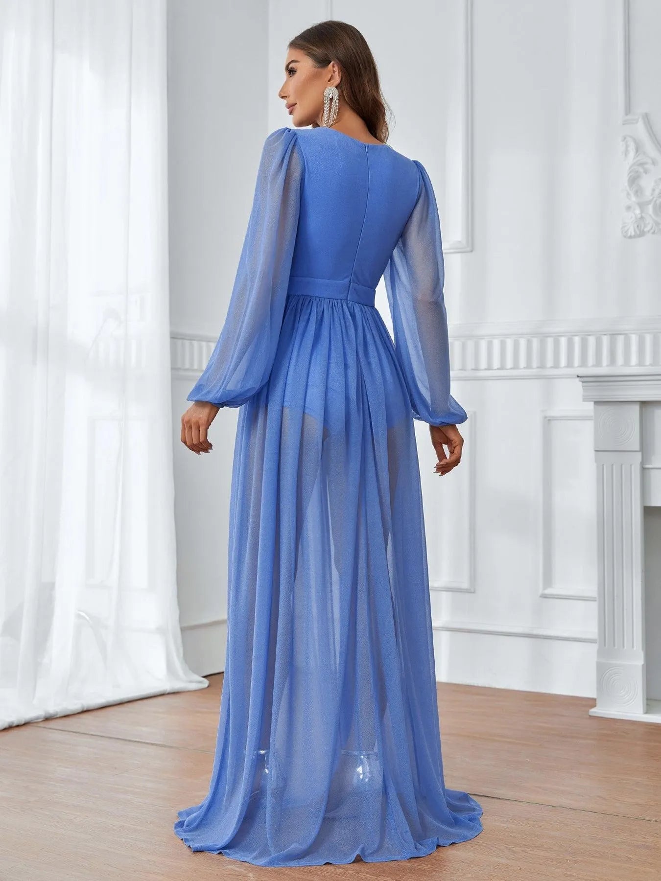 Plunging Neck Lantern Sleeve Floor Length A Line Dress