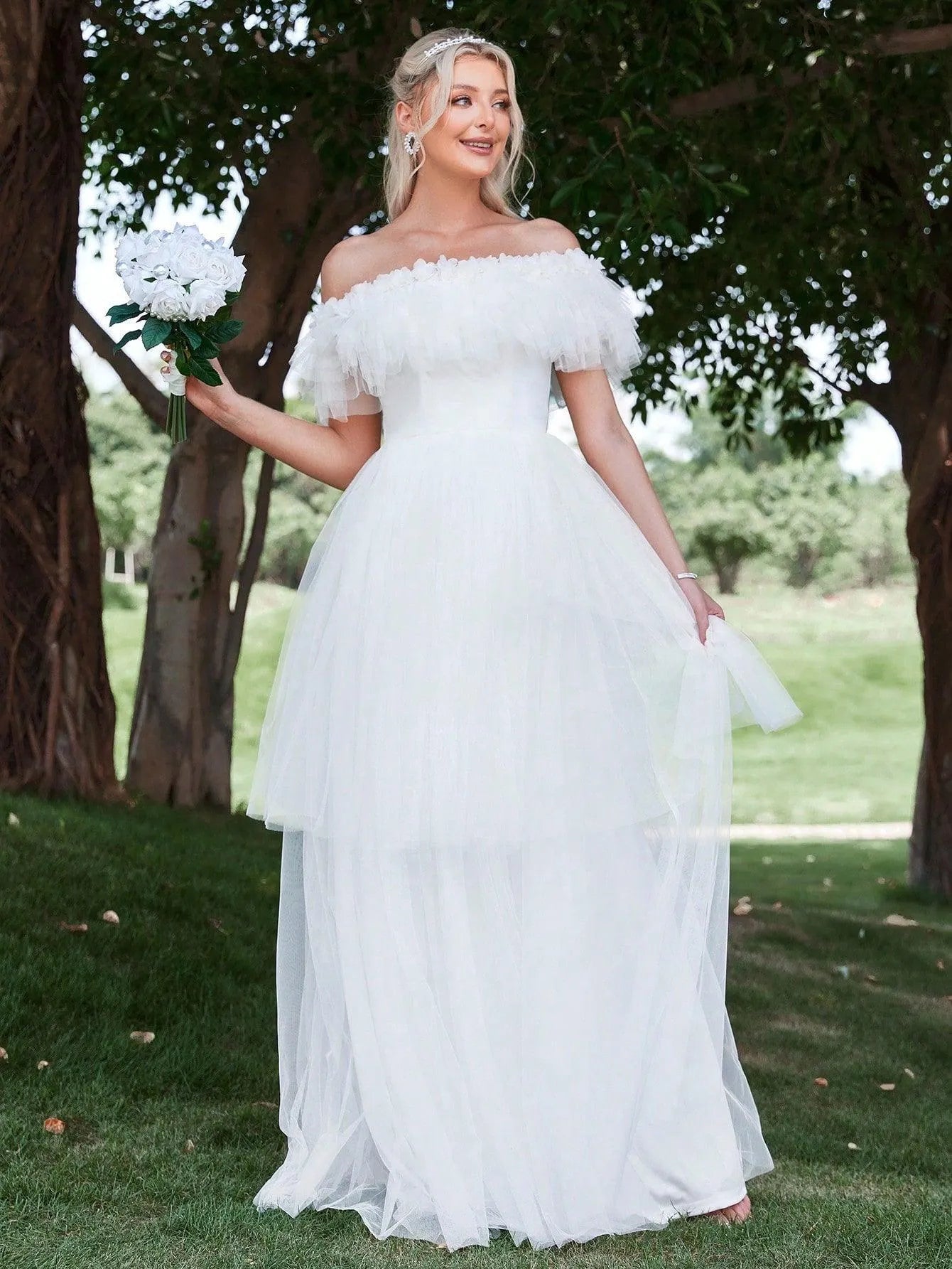 Ruffle Trim Off Shoulder Layered Mesh Wedding Dress