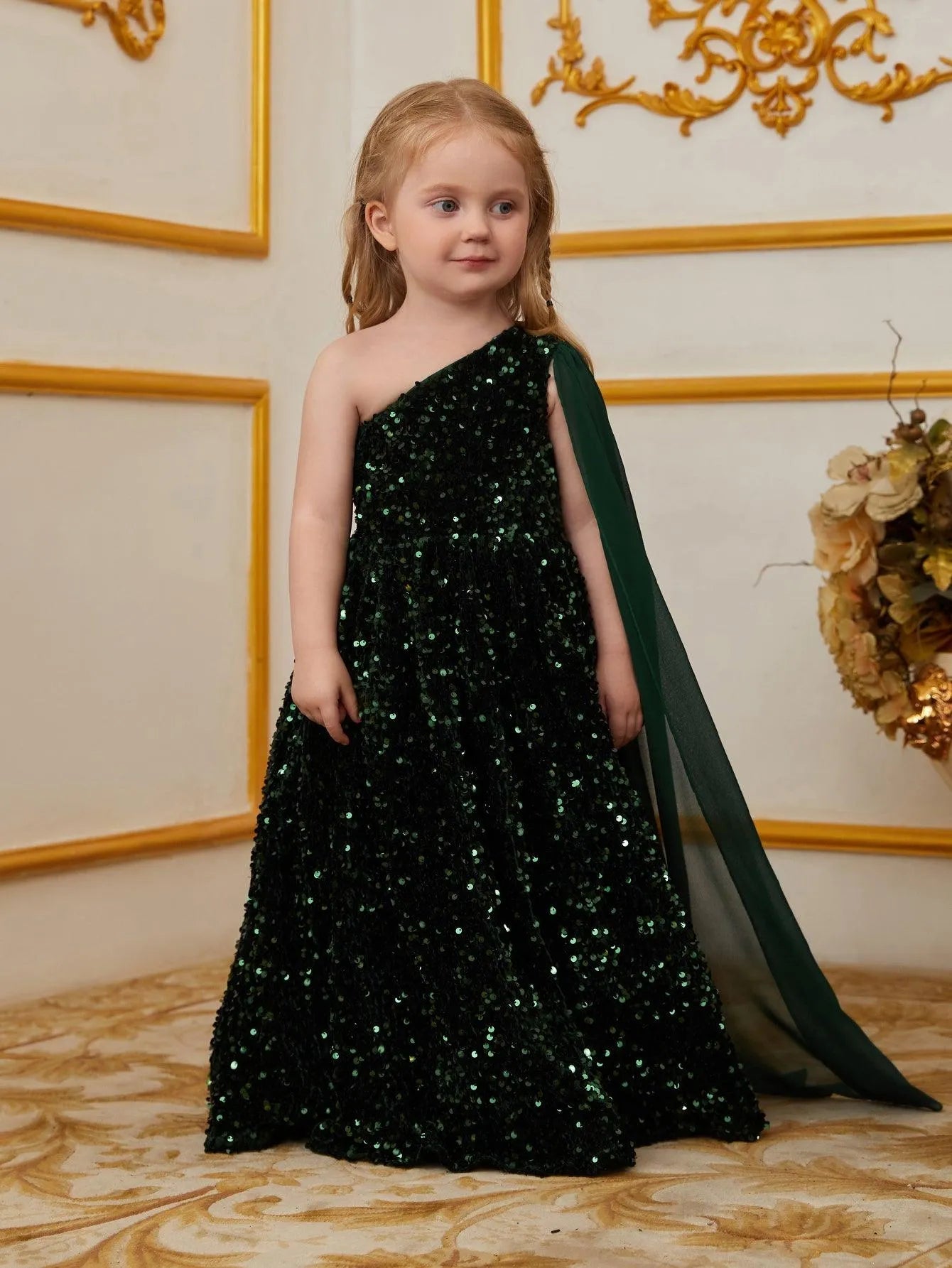 Young Girls' One Shoulder Draped Side Sequin A Line Dress