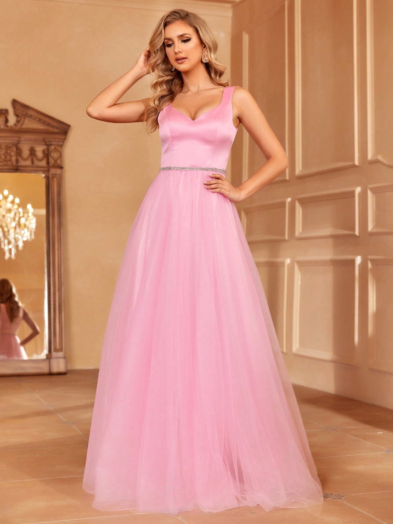 Sweetheart Neck Sleeveless Rhinestone Detail Satin A Line Dresses