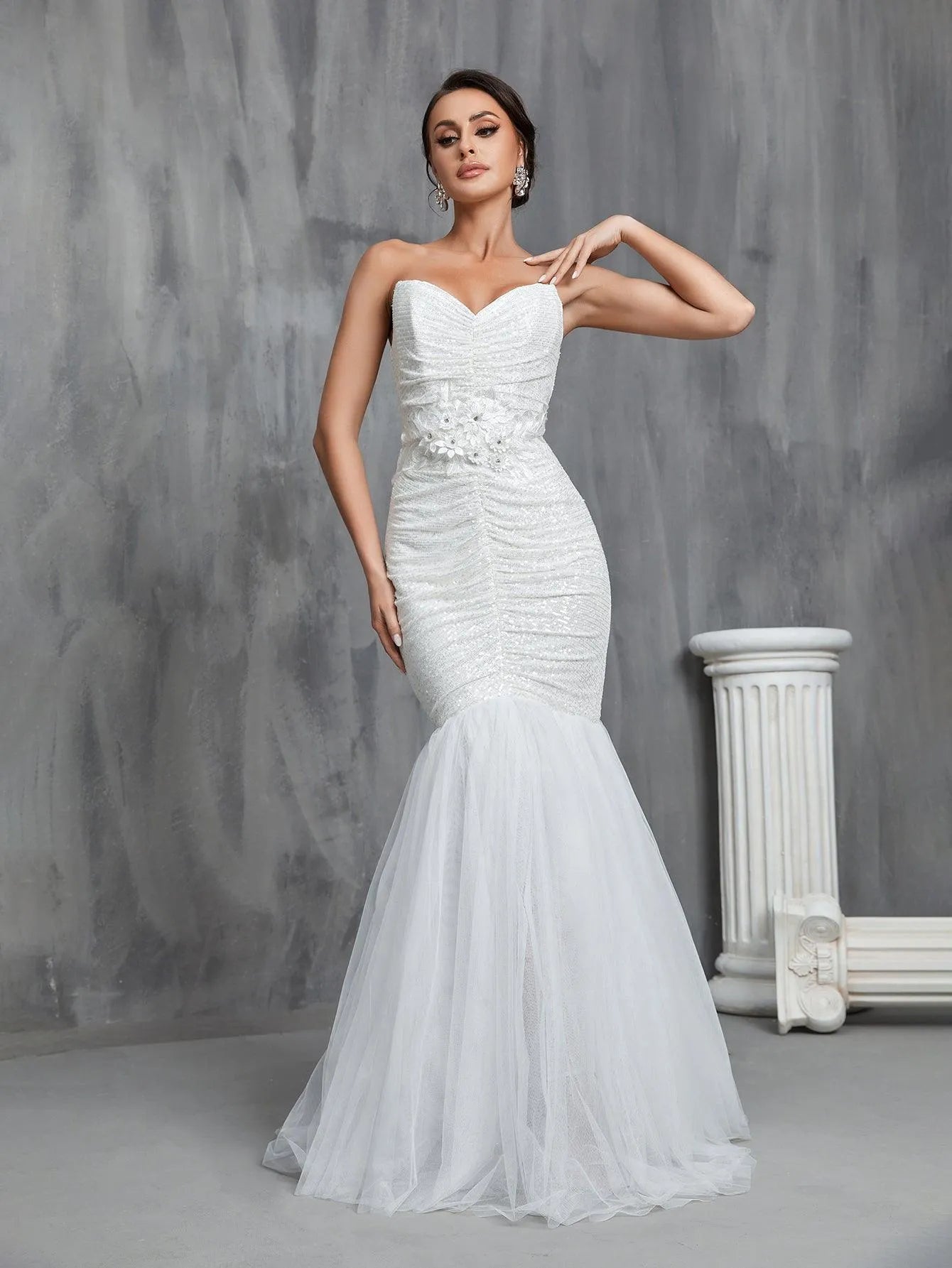 Ruched Front Mermaid Hem Sequin Tube Wedding Dresses