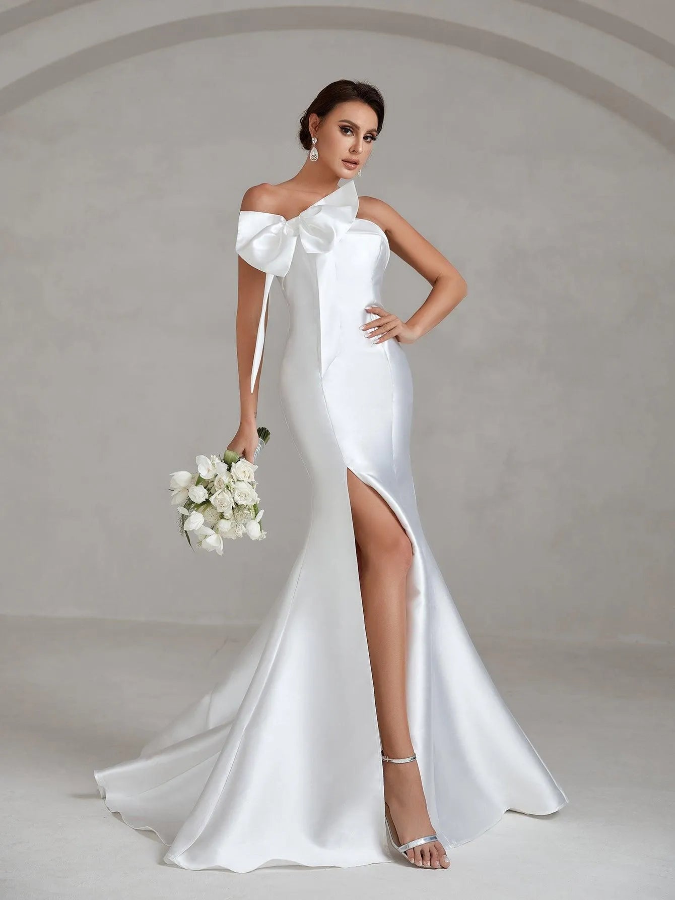 Bow Decor Slit Mermaid Hem Satin Tube Wedding Dress