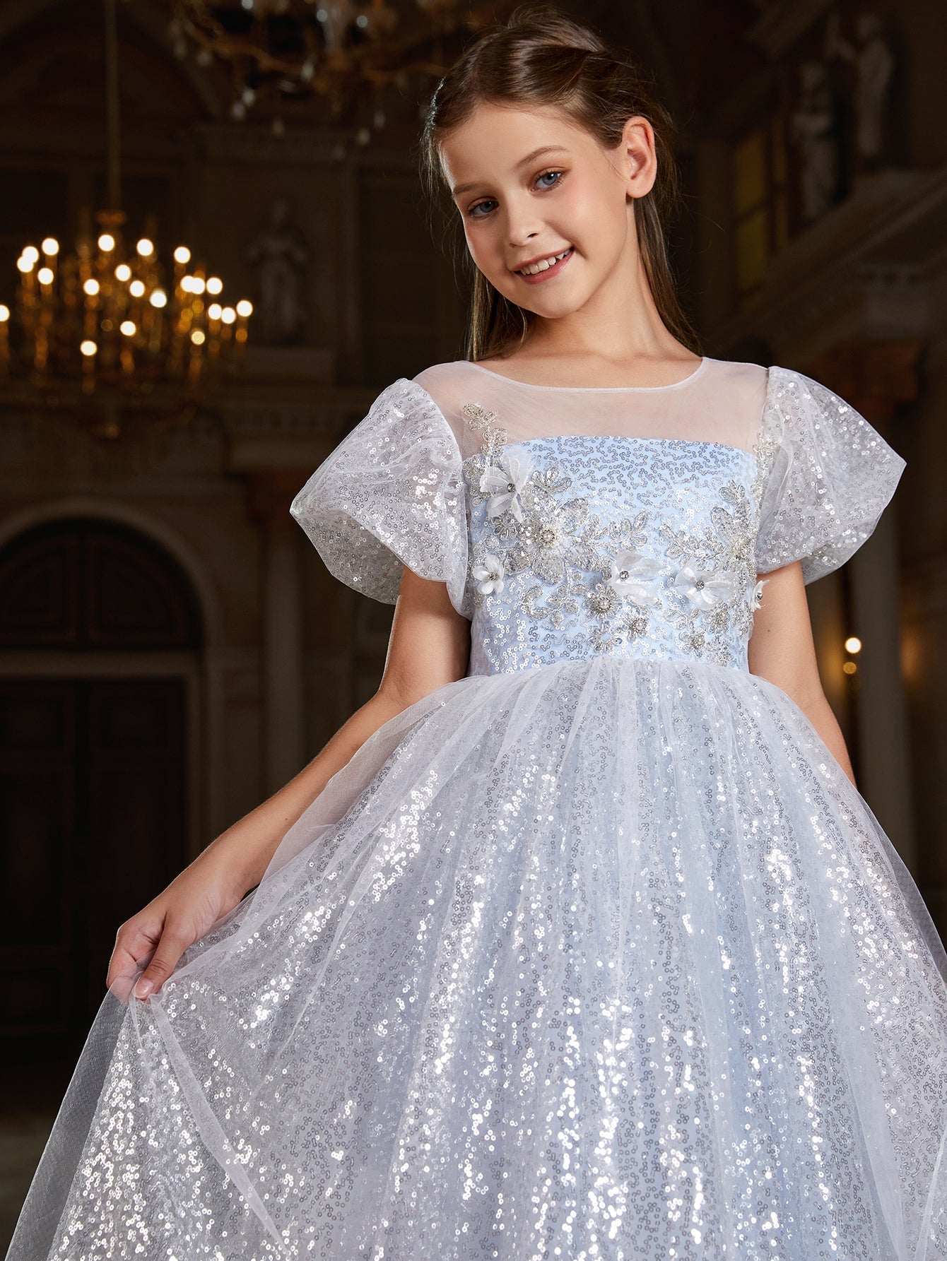 Girl's Applique Decor Puff Sleeve Sequin A Line Dress