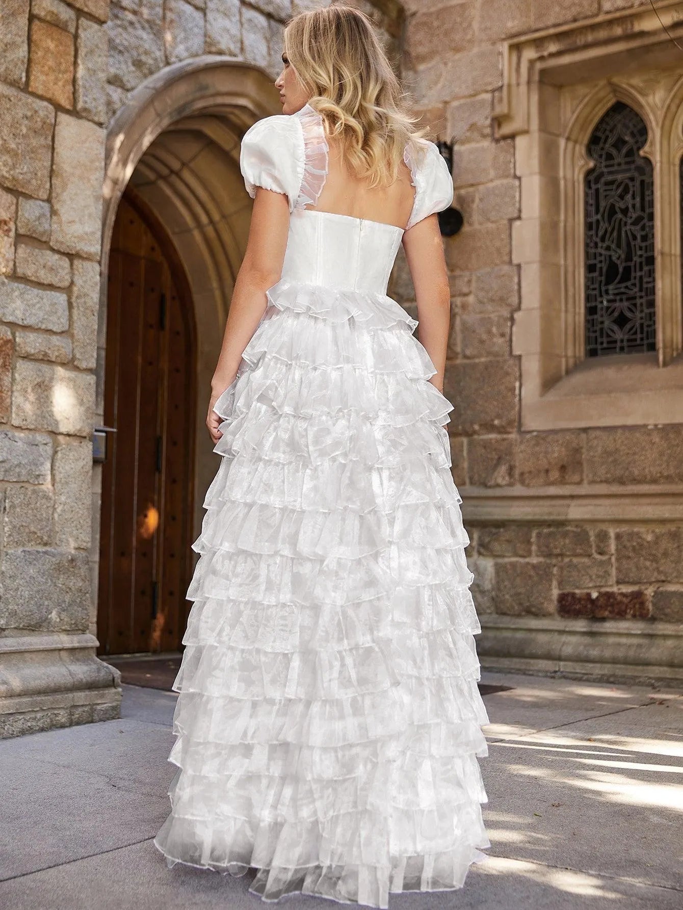 Elegant Puff Sleeve Layered Ruffle Hem Wedding Dress