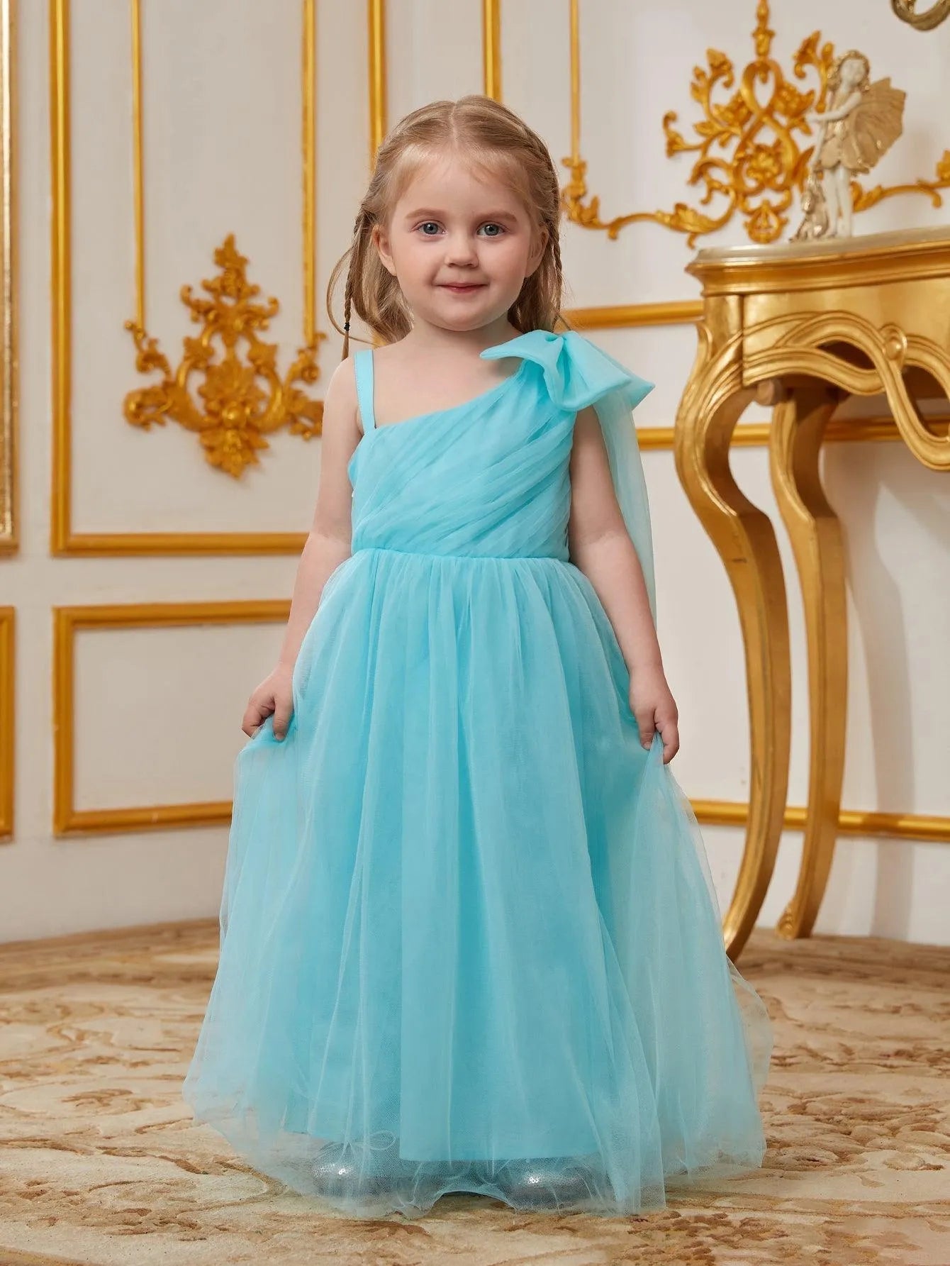 Young Girls' One Shoulder Draped Side Mesh A Line Dress With Bow