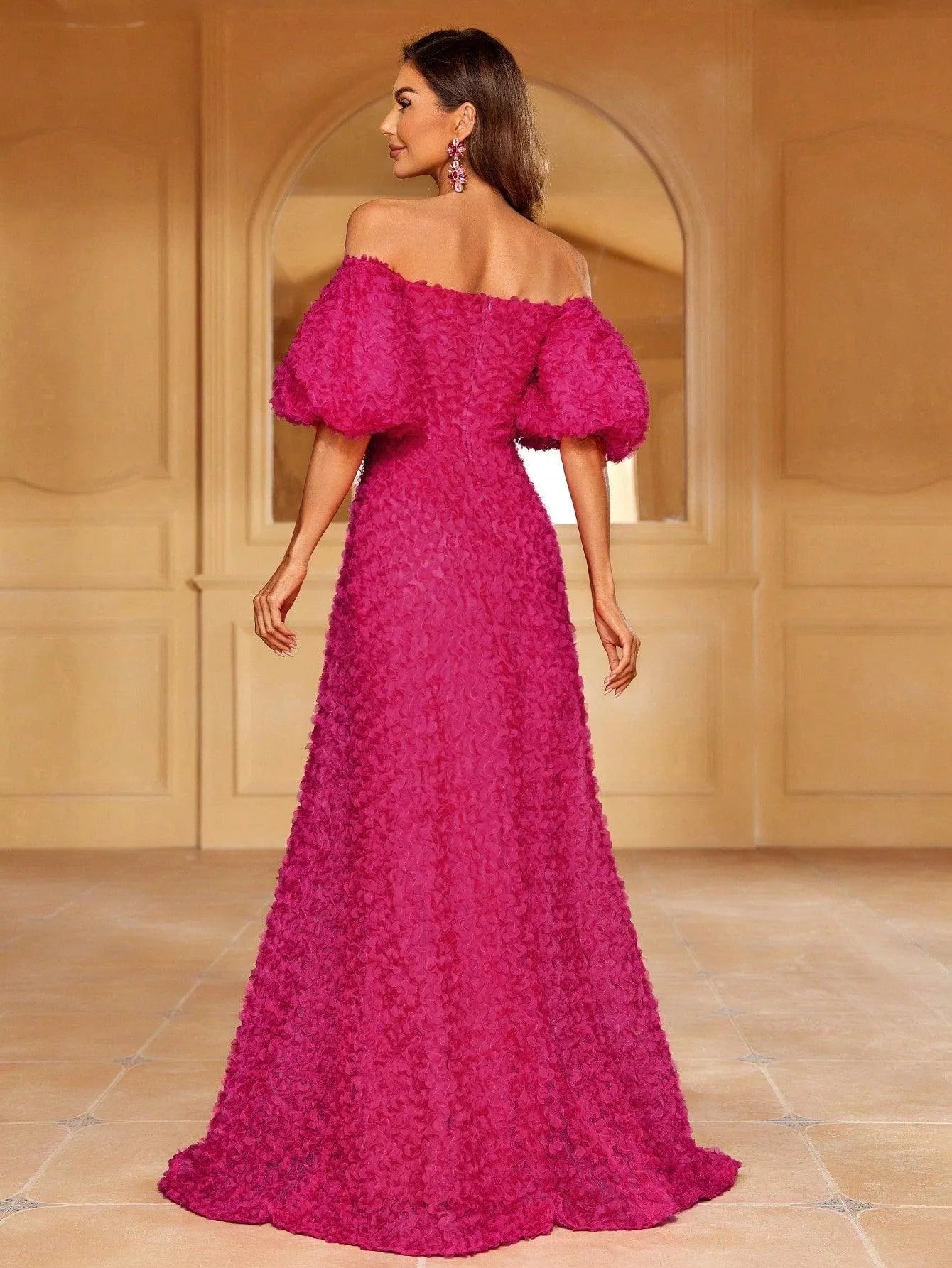 Textured Off-Shoulder Puff Sleeves Formal Dress