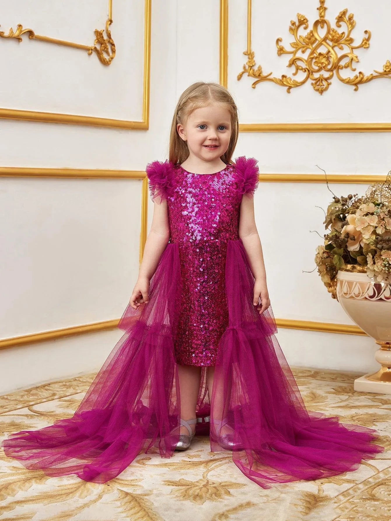 Young Girls' Sleeveless Mesh Layered Hem Sequin Party Dress