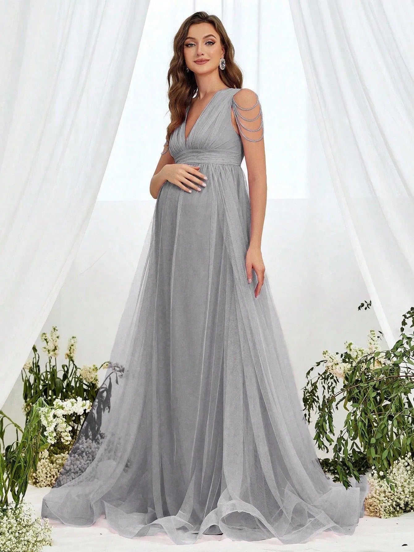 Maternity Chain Detail Plunging Neck Mesh Formal Dress